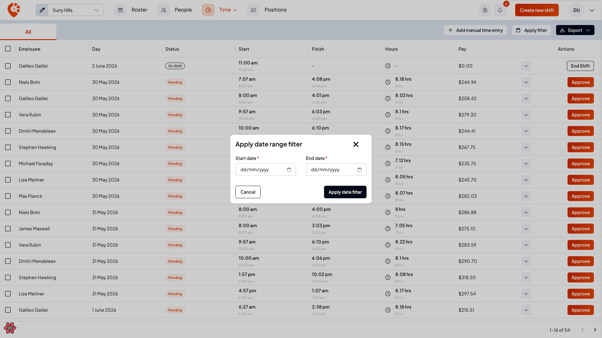 The Apply date range filter dialog with start date and end date inputs