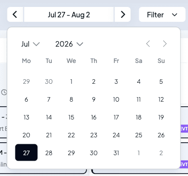 Roster date navigation with previous and next arrows and a date picker open to jump to any date