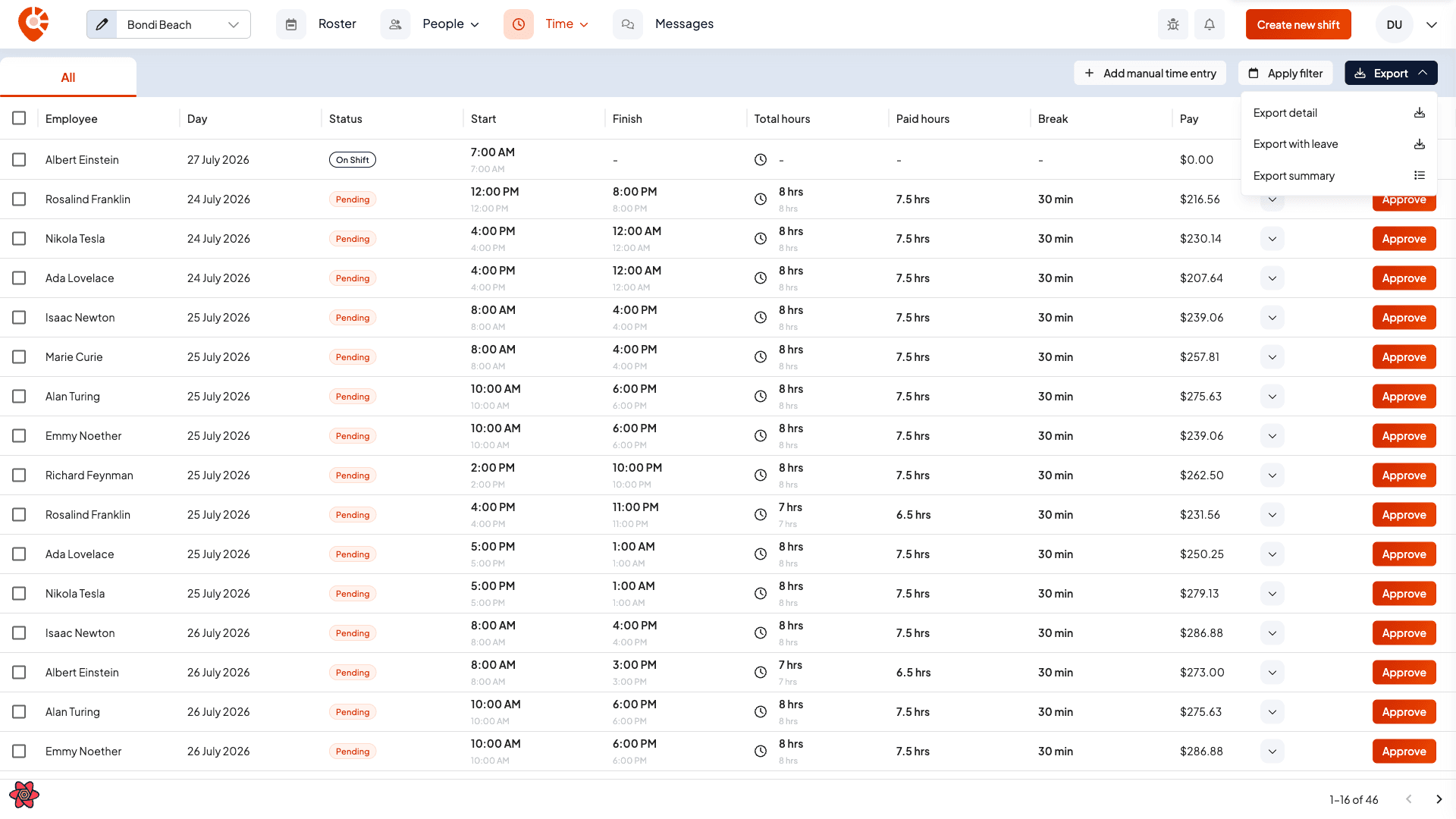 The Export menu on the Timesheets page offering Export detail, Export with leave and Export summary