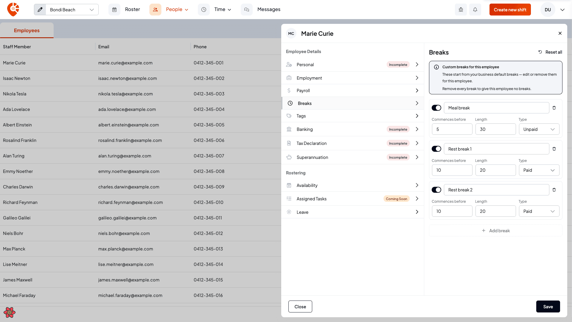 The Breaks tab showing custom breaks for one employee, each with a commences-before time, length and paid or unpaid type