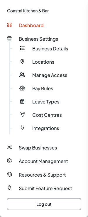 The account menu showing the business name, then Business Settings with Business Details, Locations, Manage Access, Pay Rules, Leave Types, Tags and Integrations beneath it