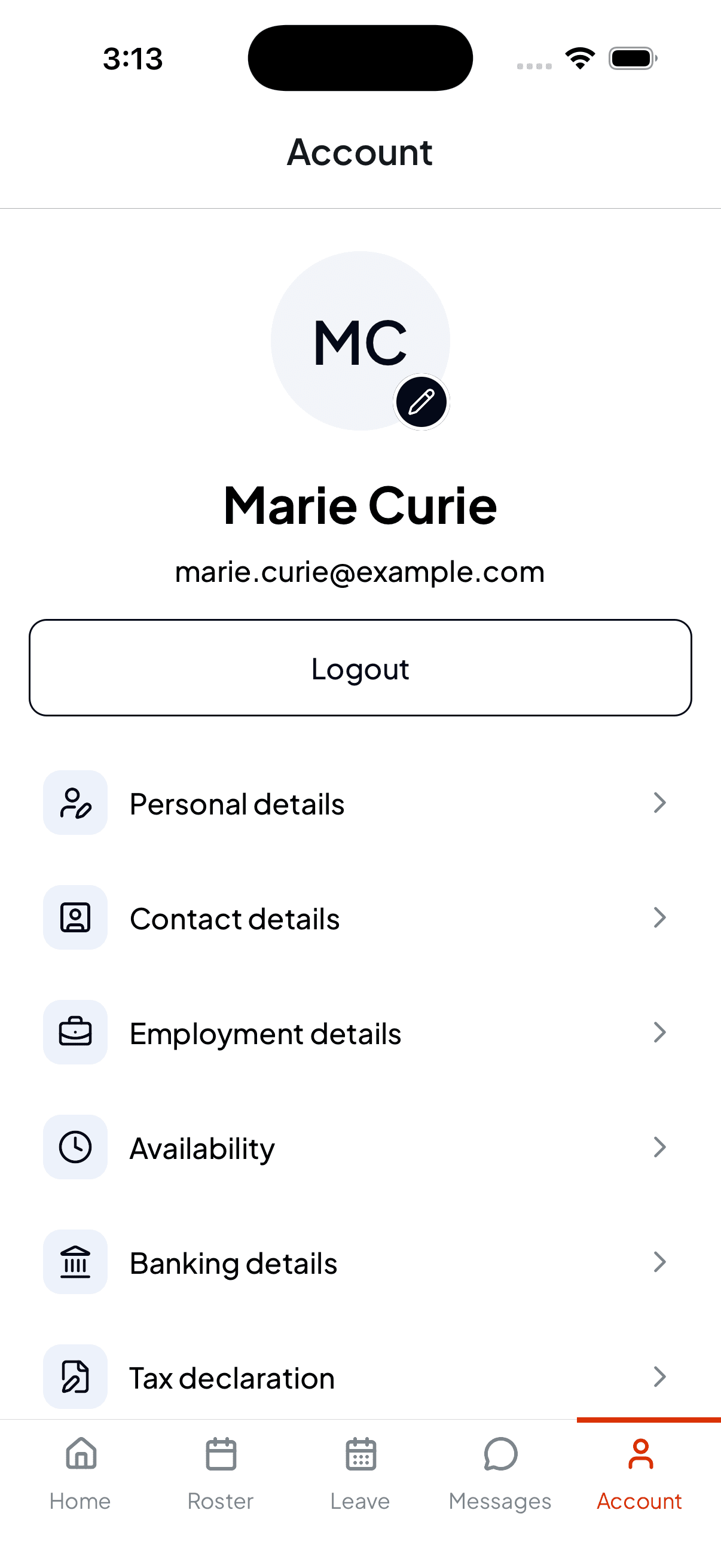 The Account tab in Shiftly Me showing Marie Curie's photo, name and email above a list of detail sections