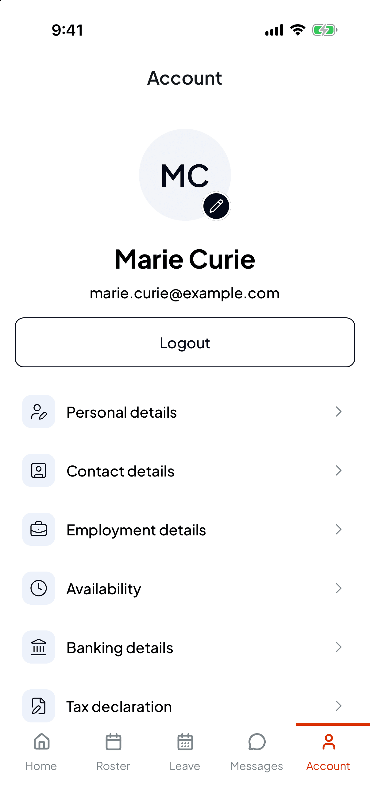 The Account tab in Shiftly Me showing Marie Curie's initials, name and email, a Logout button, and the first rows of the menu