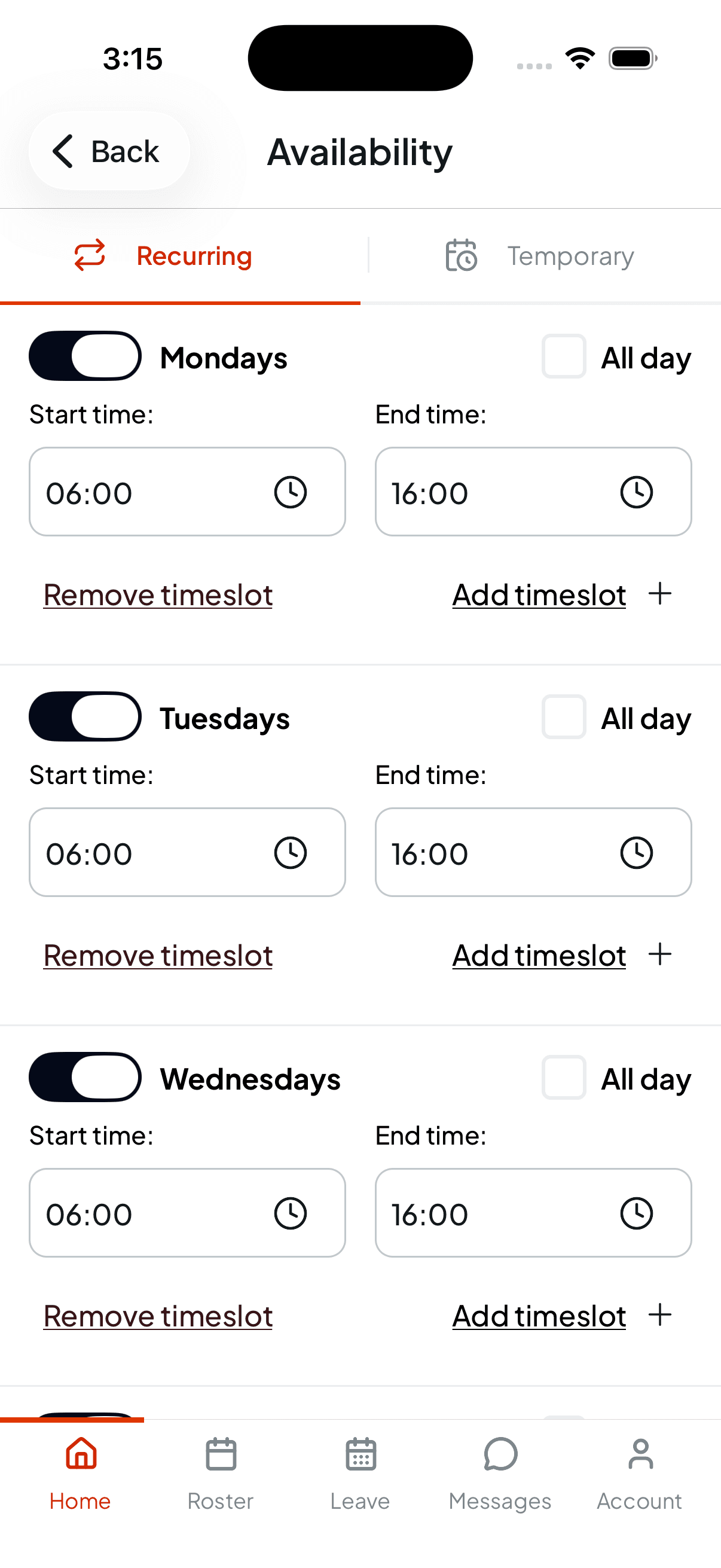 The Recurring availability tab showing Mondays, Tuesdays and Wednesdays each toggled on with a 06:00 to 16:00 window, an All day checkbox, and Add timeslot