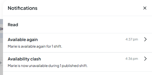 The top of the notification panel with a Read section listing an Available again notification received at 4:37 pm and an Availability clash notification received at 4:36 pm