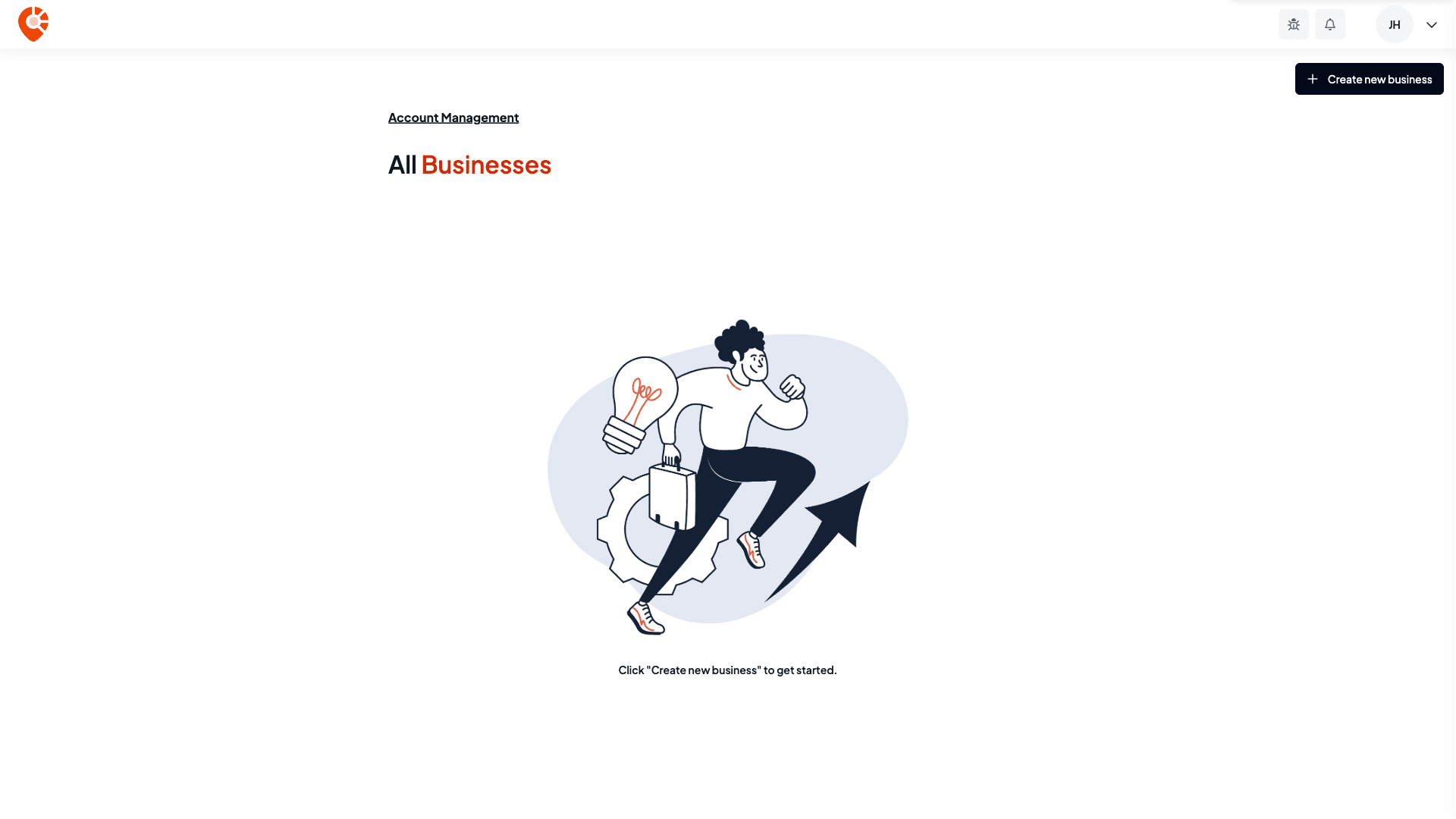 The All Businesses page for a new account, with the Create new business button at the top right and the prompt Click Create new business to get started