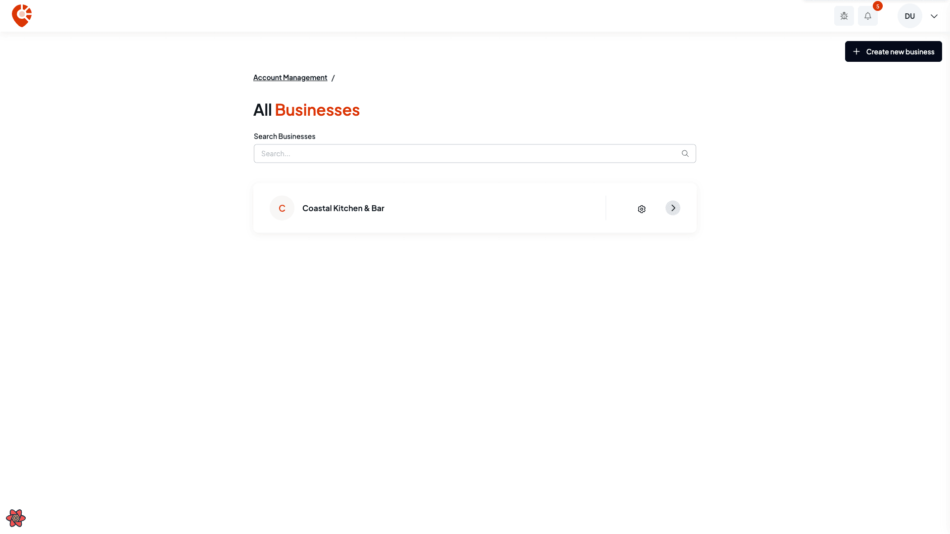 The All businesses screen with the Create new business button