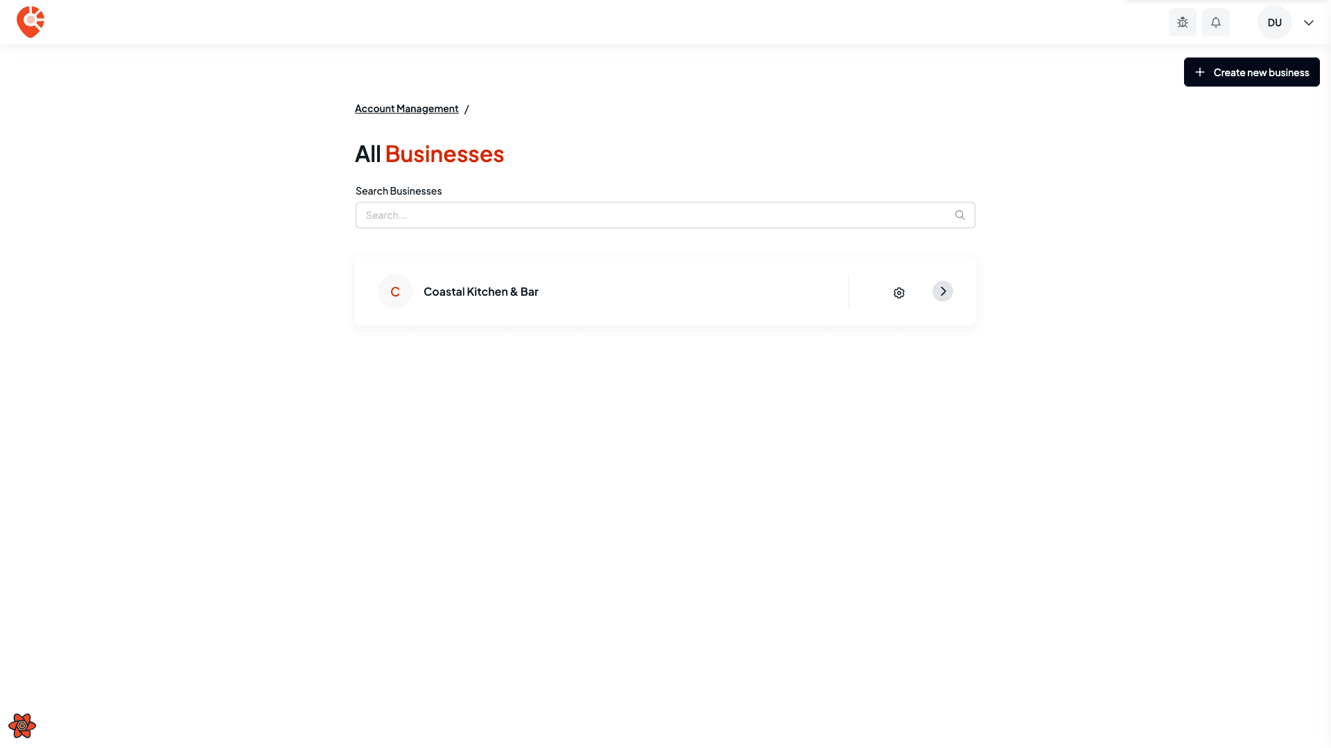 The All businesses screen with the Create new business button