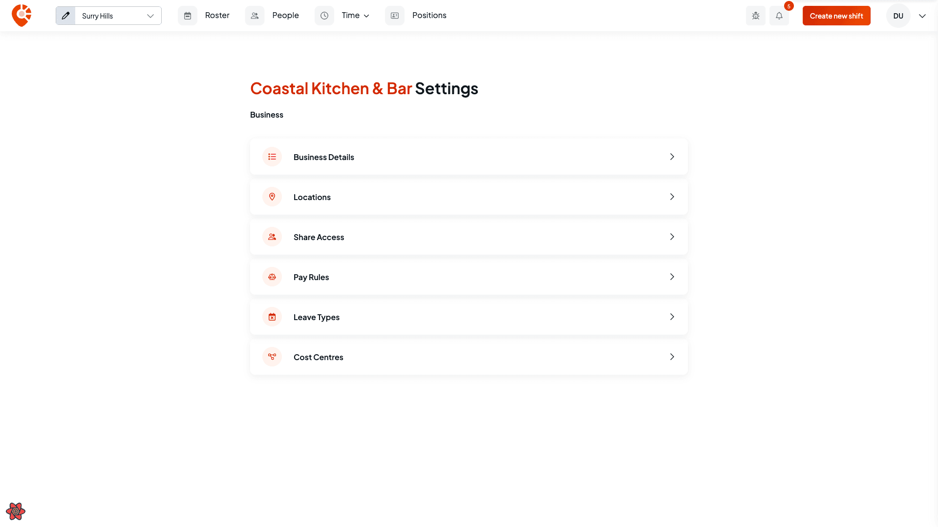 The Business settings landing page with its setting cards