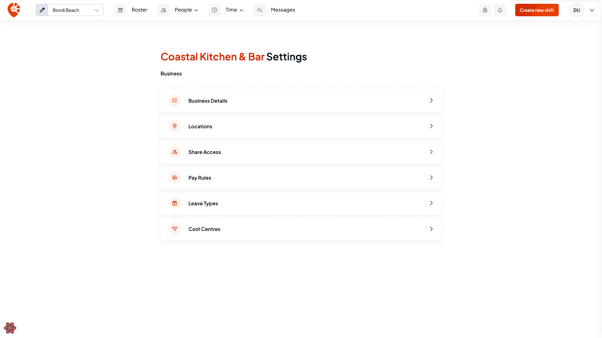 The Business settings landing page with its setting cards
