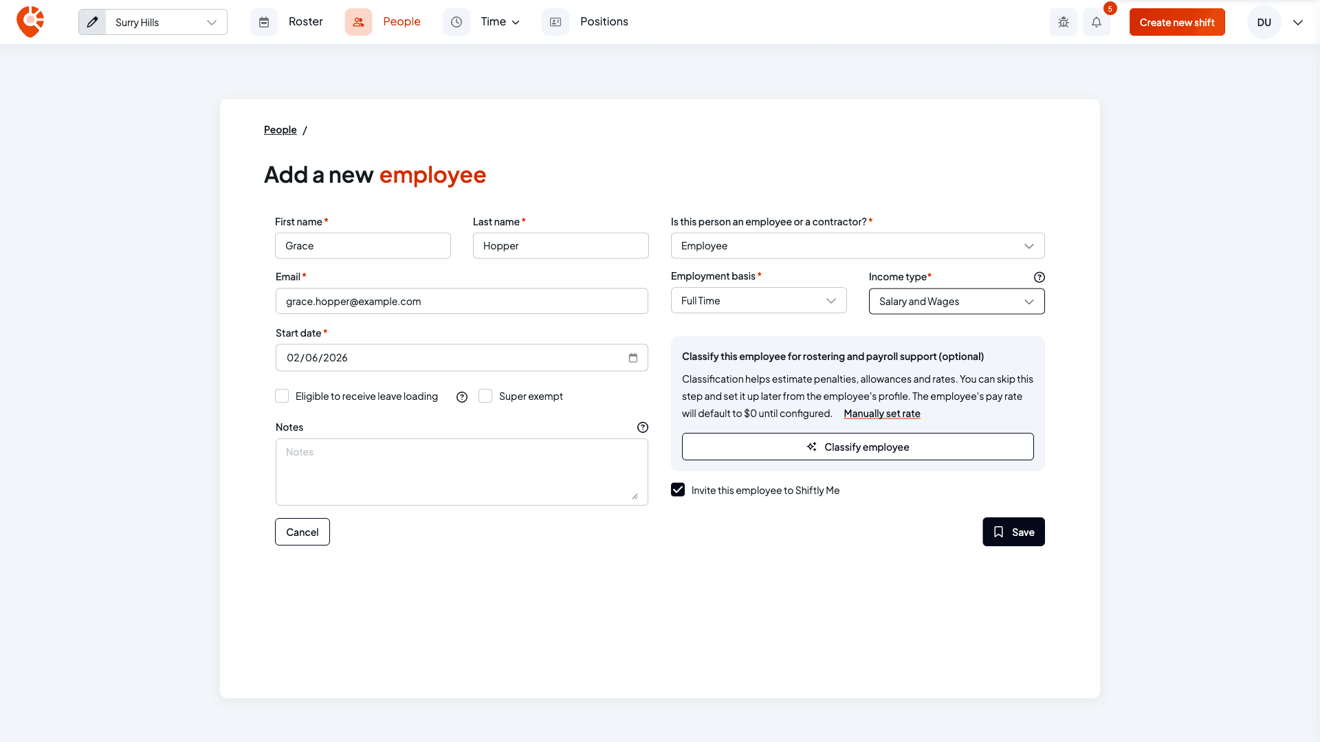 The classify panel on the add employee form with the Classify employee button