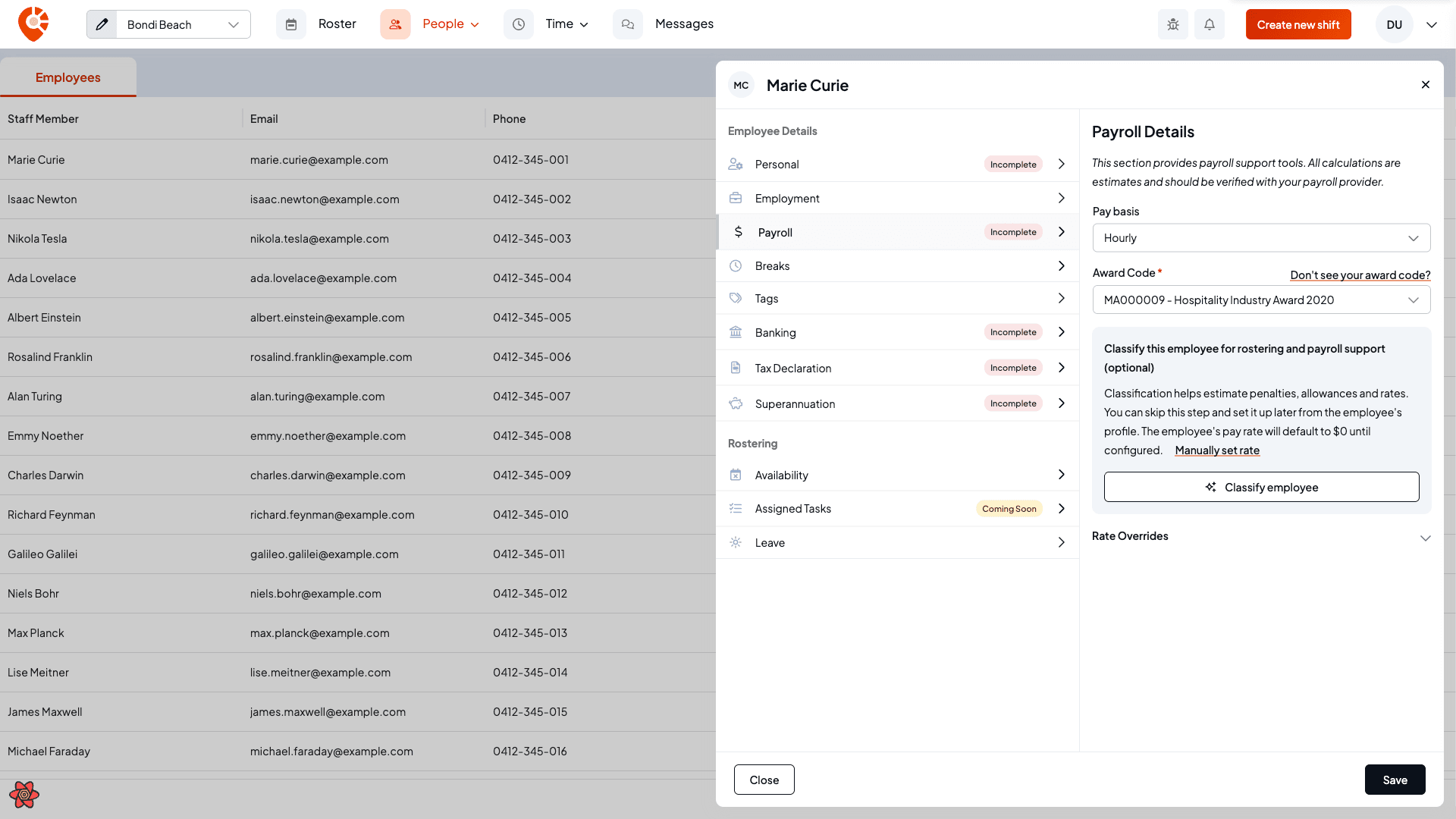 The classify panel on the add employee form with the Classify employee button