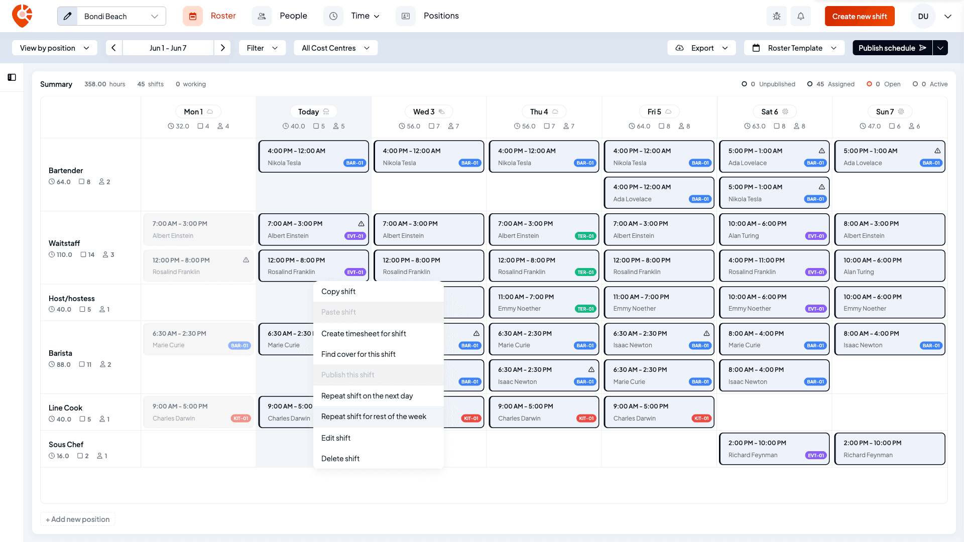 The right-click menu on an assigned shift showing Copy shift, Paste shift, Create timesheet for shift, Find cover for this shift, Publish this shift, Repeat shift on the next day, Repeat shift for rest of the week, Edit shift and Delete shift