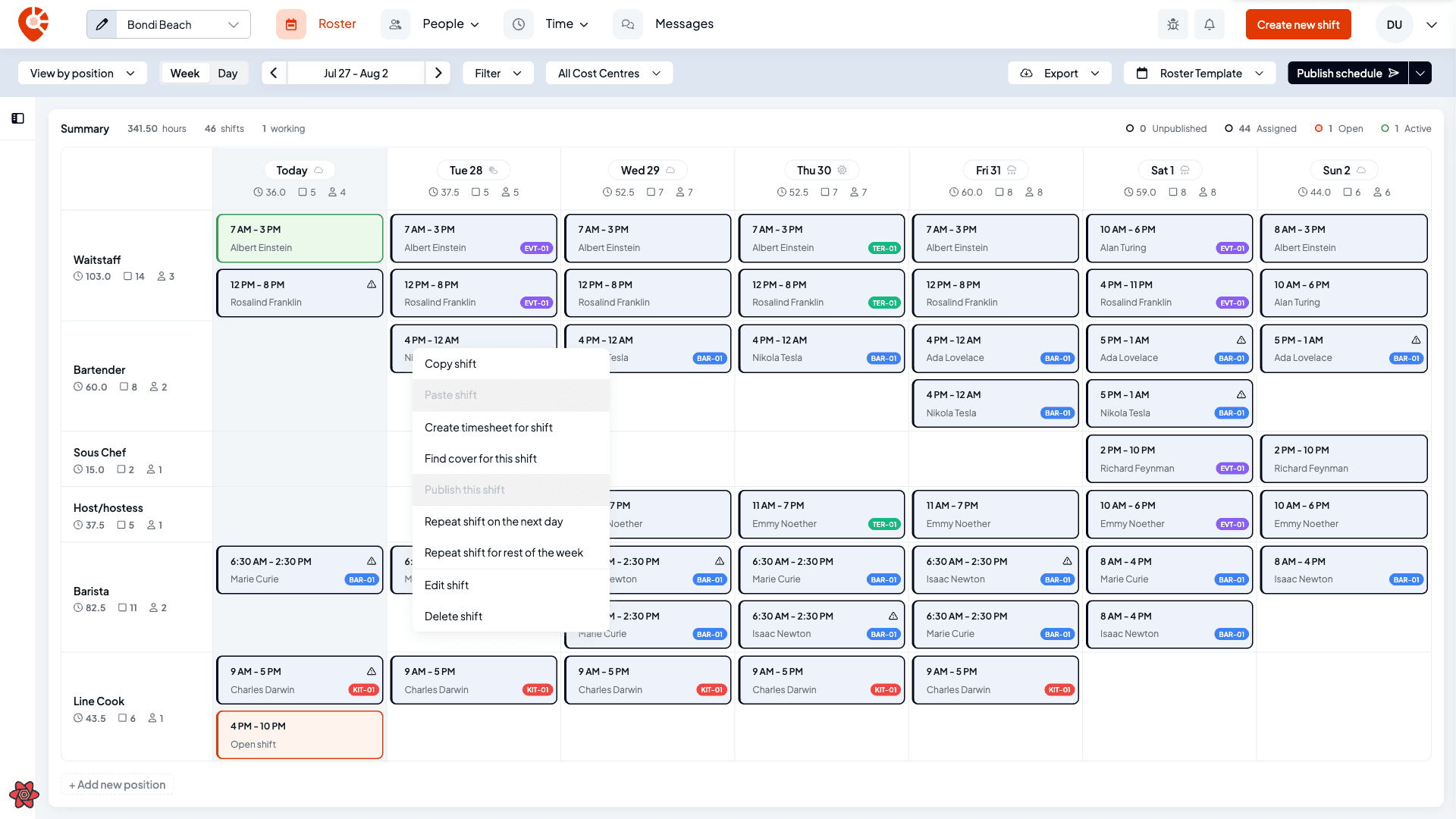 The right-click menu on an assigned shift showing Copy shift, Paste shift, Create timesheet for shift, Find cover for this shift, Publish this shift, Repeat shift on the next day, Repeat shift for rest of the week, Edit shift and Delete shift