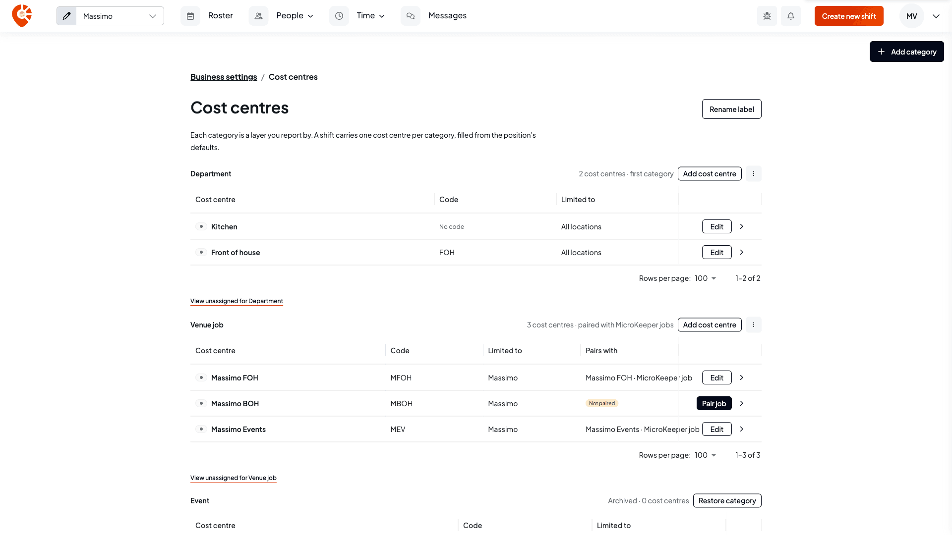 The Tags page with a Department section listing Kitchen and Front of house at all locations, a Venue job section paired with MicroKeeper jobs listing Massimo FOH, Massimo BOH (not paired, with a Pair job button) and Massimo Events, and an archived Event category below