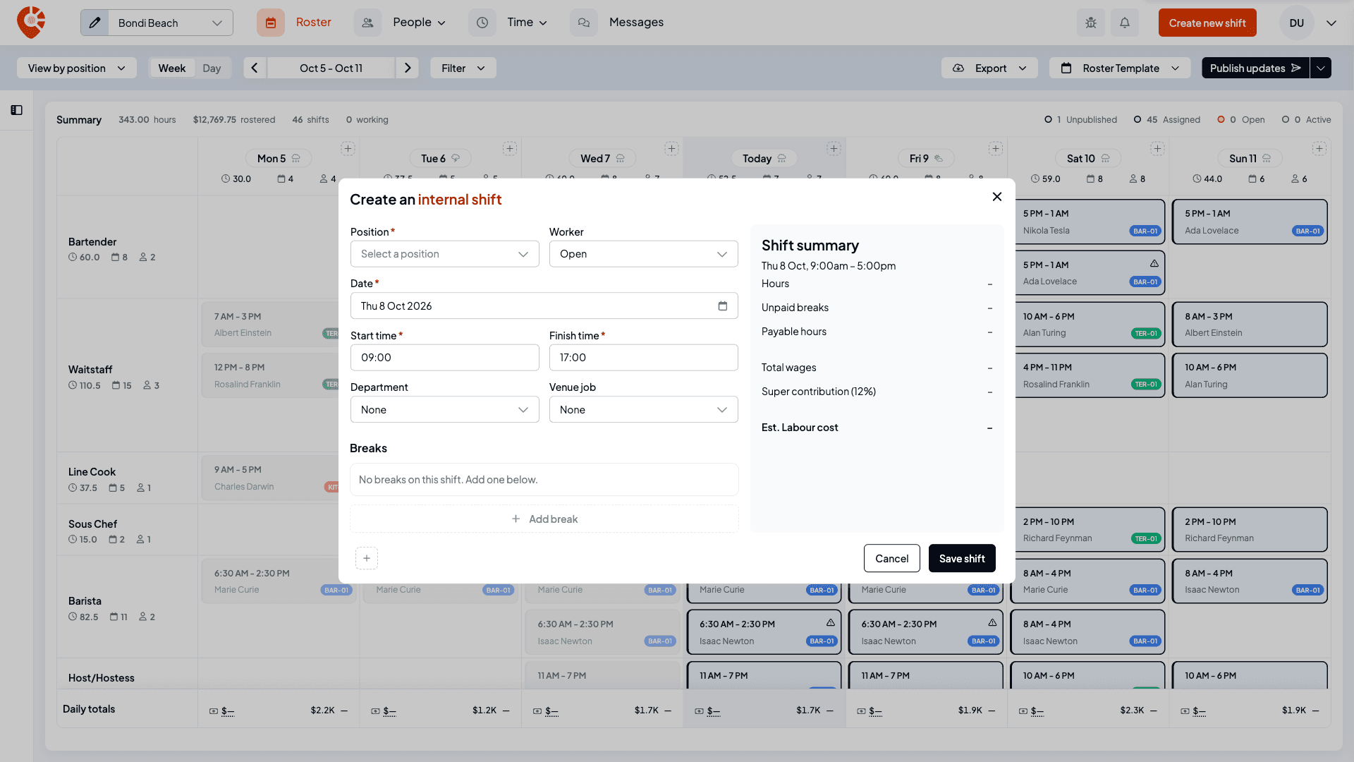 The Create an internal shift form at Bondi Beach with Position, Worker, Date, Start time and Finish time, Department and Venue job fields reading None, an empty Breaks list, and the Shift summary panel on the right