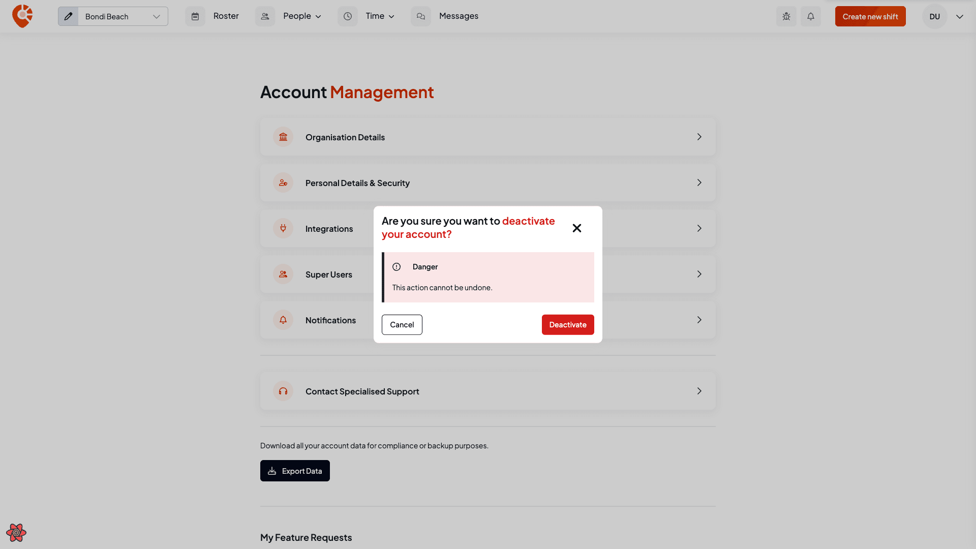 The deactivate account confirmation