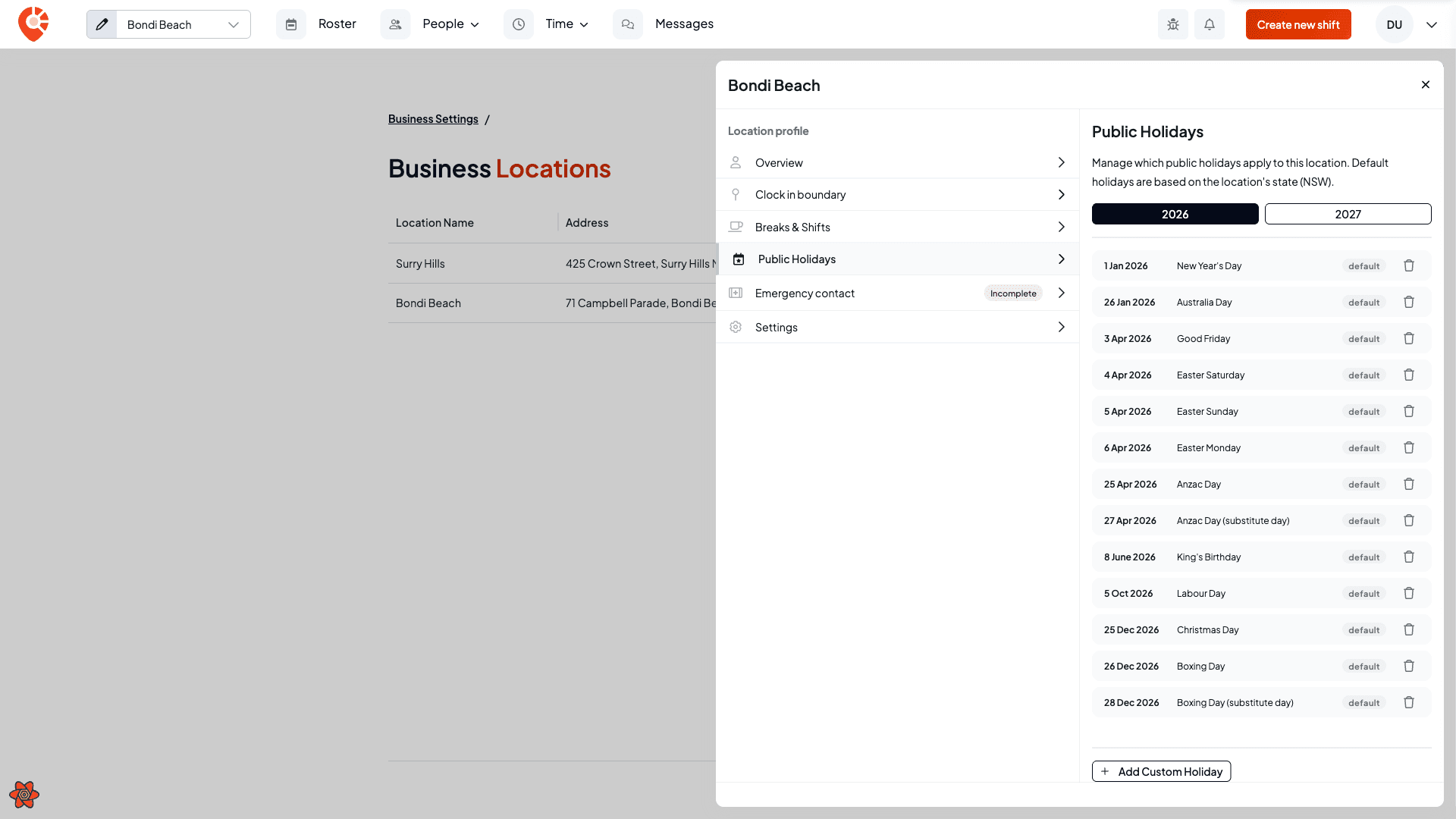 The Public Holidays tab of the Bondi Beach location editor, listing the NSW default public holidays for 2026, each tagged Default, with a year toggle and an Add Custom Holiday button