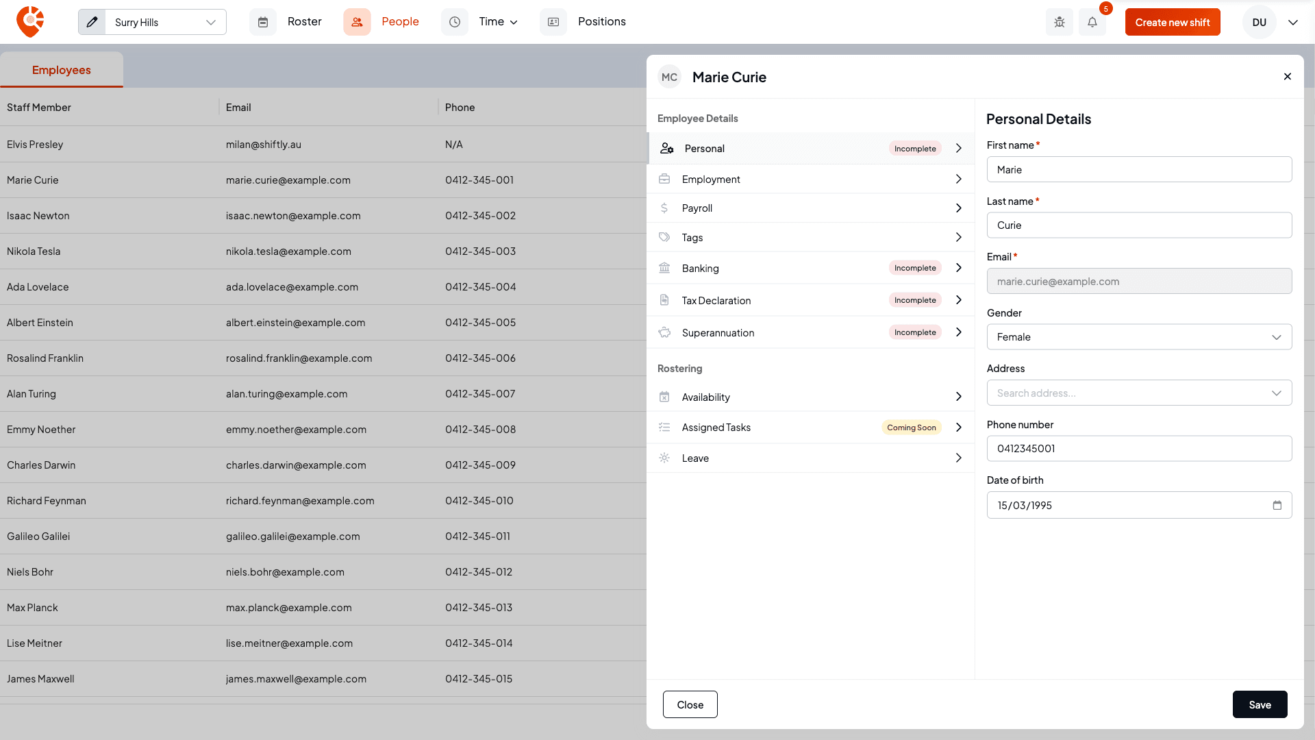 The employee profile drawer with the Employee Details and Rostering tab groups and the Personal tab open