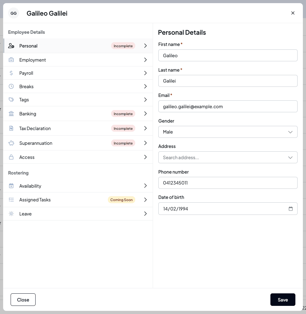 The employee profile for Galileo Galilei with the Employee Details and Rostering tab groups, Incomplete labels on some tabs, and the Personal tab open