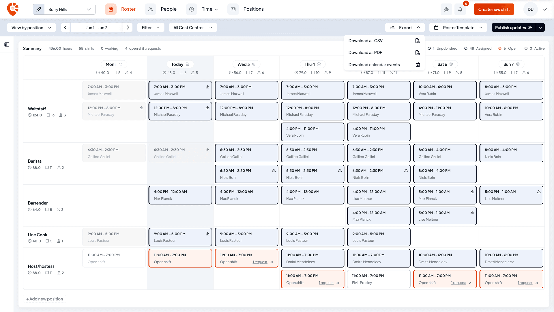 The Export menu open on the scheduler, showing Download as CSV, Download as PDF, and Download calendar events