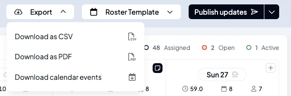The Export menu open, showing Download as CSV, Download as PDF and Download calendar events