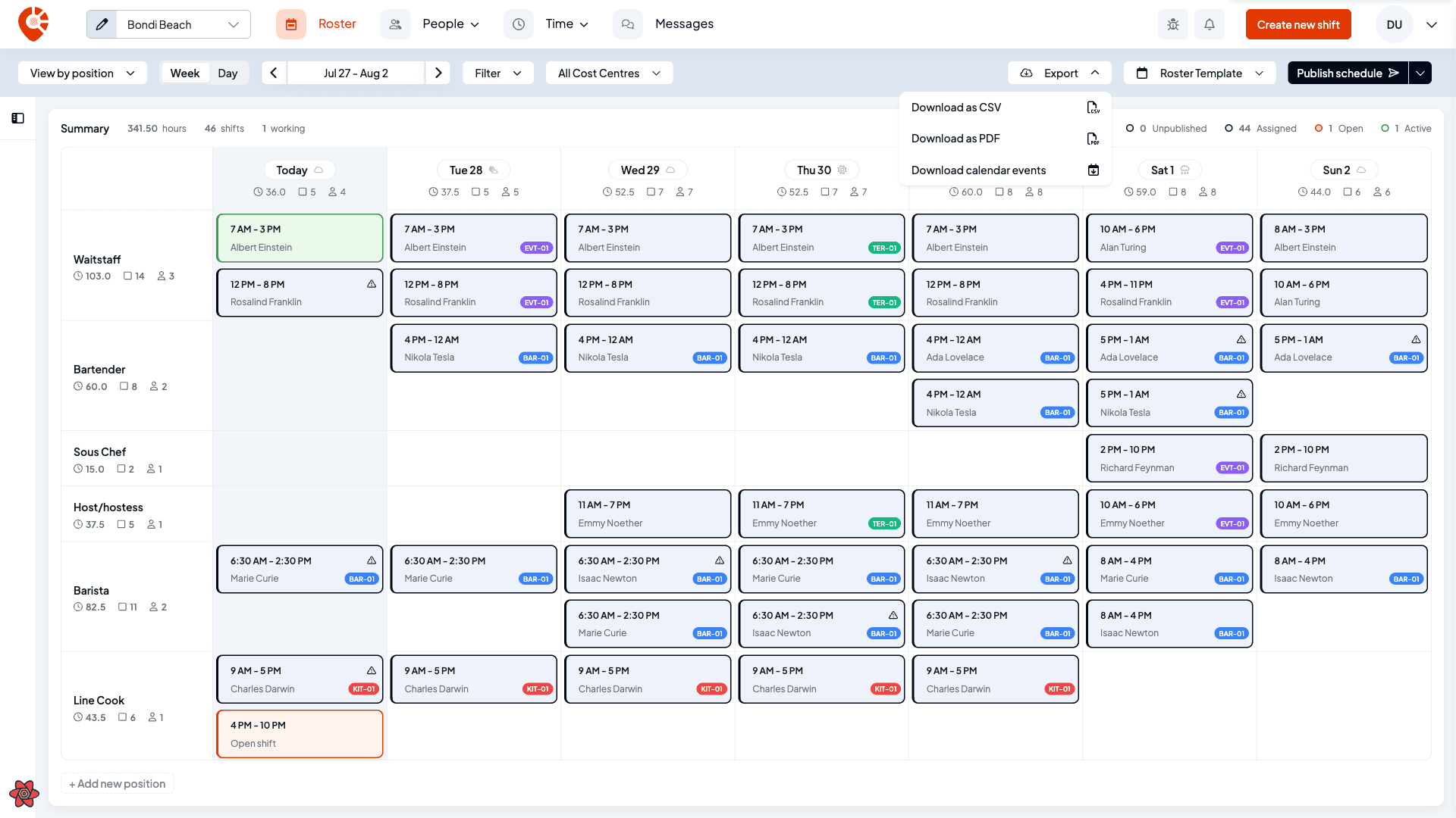 The Export menu open on the scheduler, showing Download as CSV, Download as PDF, and Download calendar events