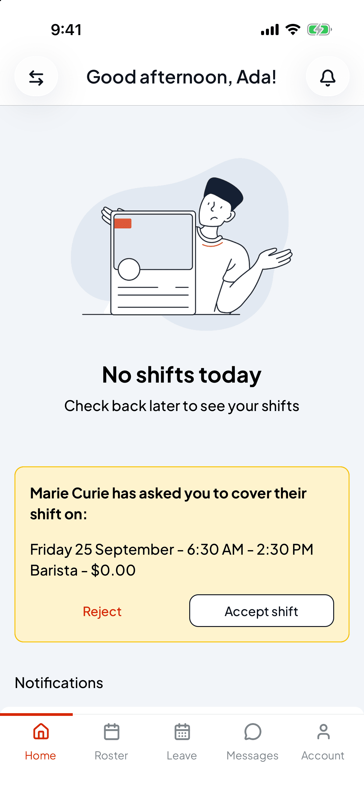 The Shiftly Me home screen greeting Ada, with the switch button and bell at the top, No shifts today, a request from Marie Curie to cover a shift, and the start of the Notifications list
