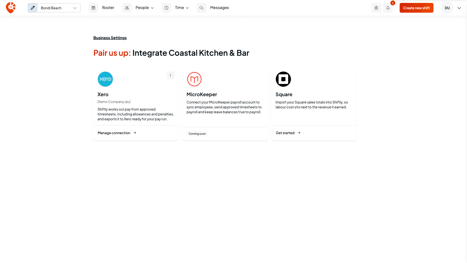 The Integrations page with the Xero, MicroKeeper (Coming soon) and Square cards. This business is already connected, so the Xero card shows the organisation name and Manage connection