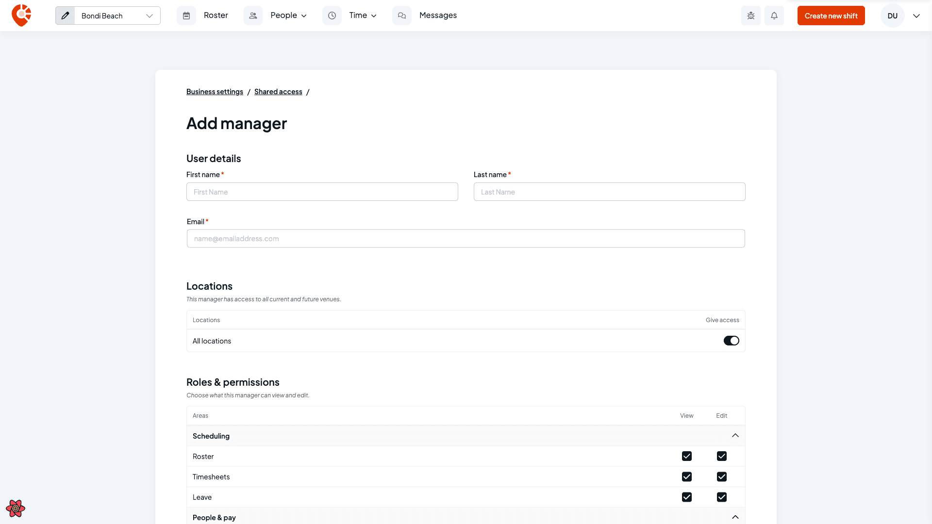 The Add manager page with first name, last name and email fields above an All locations toggle