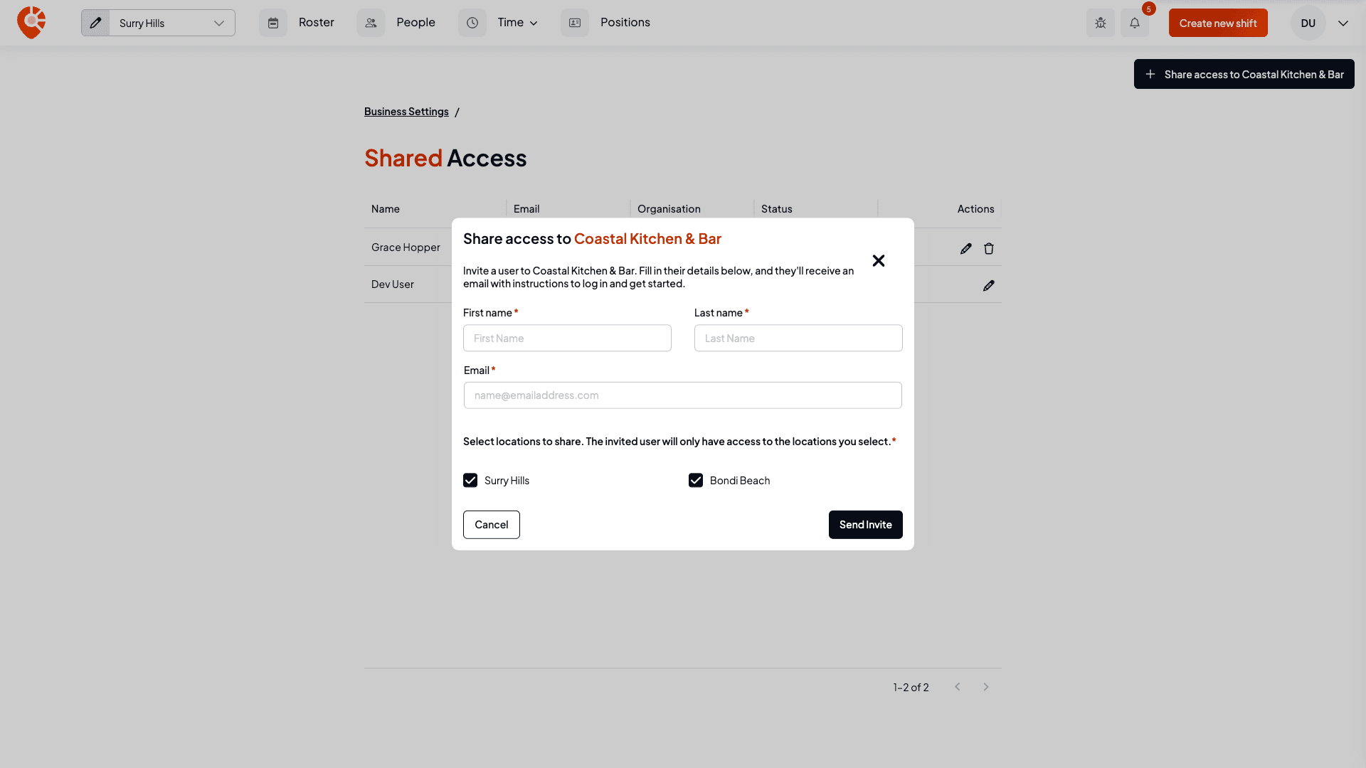 The Share access modal with name and email fields and location checkboxes