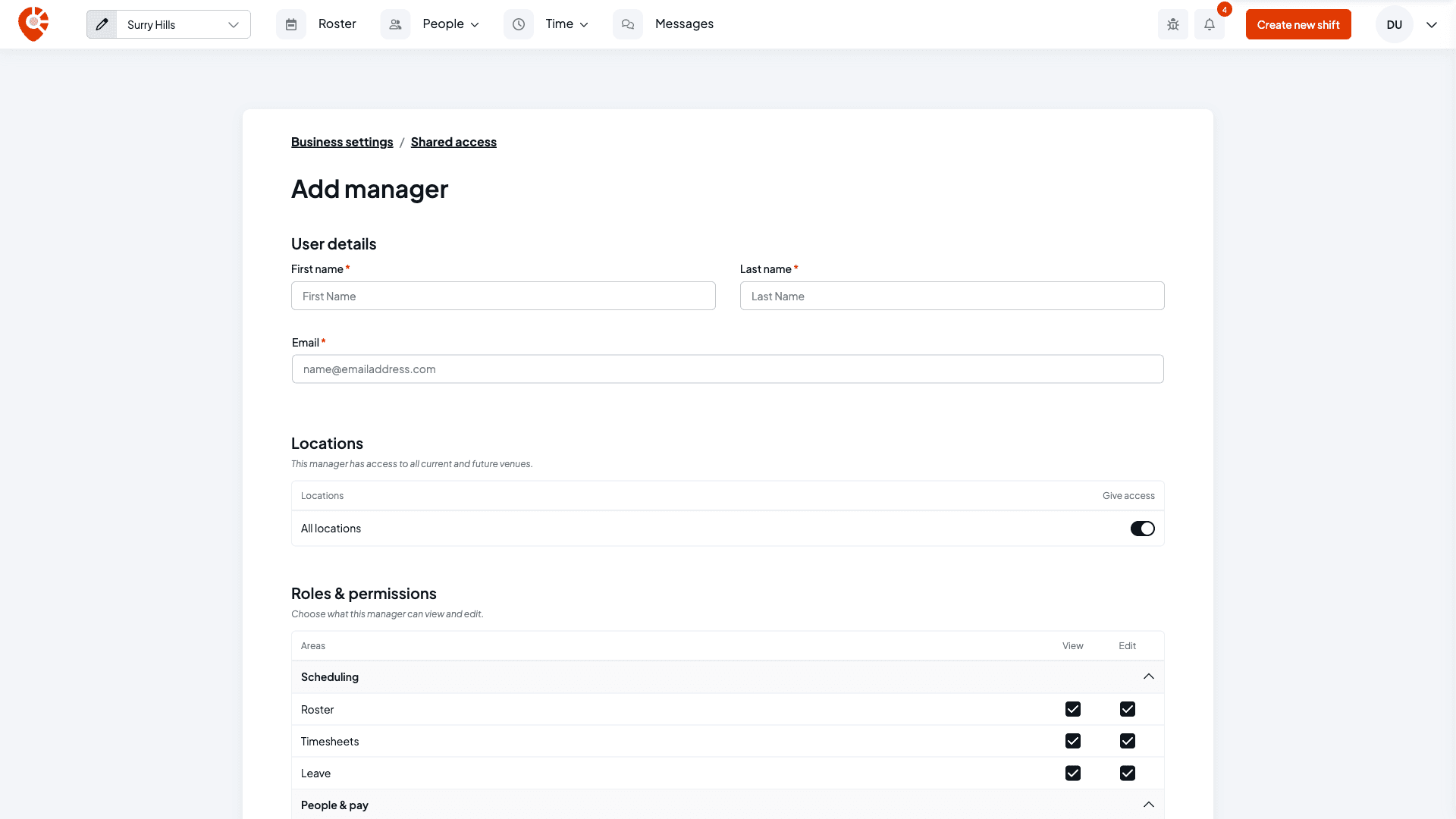 The Add manager page with first name, last name and email fields, the All locations switch turned on, and the start of the Roles and permissions grid