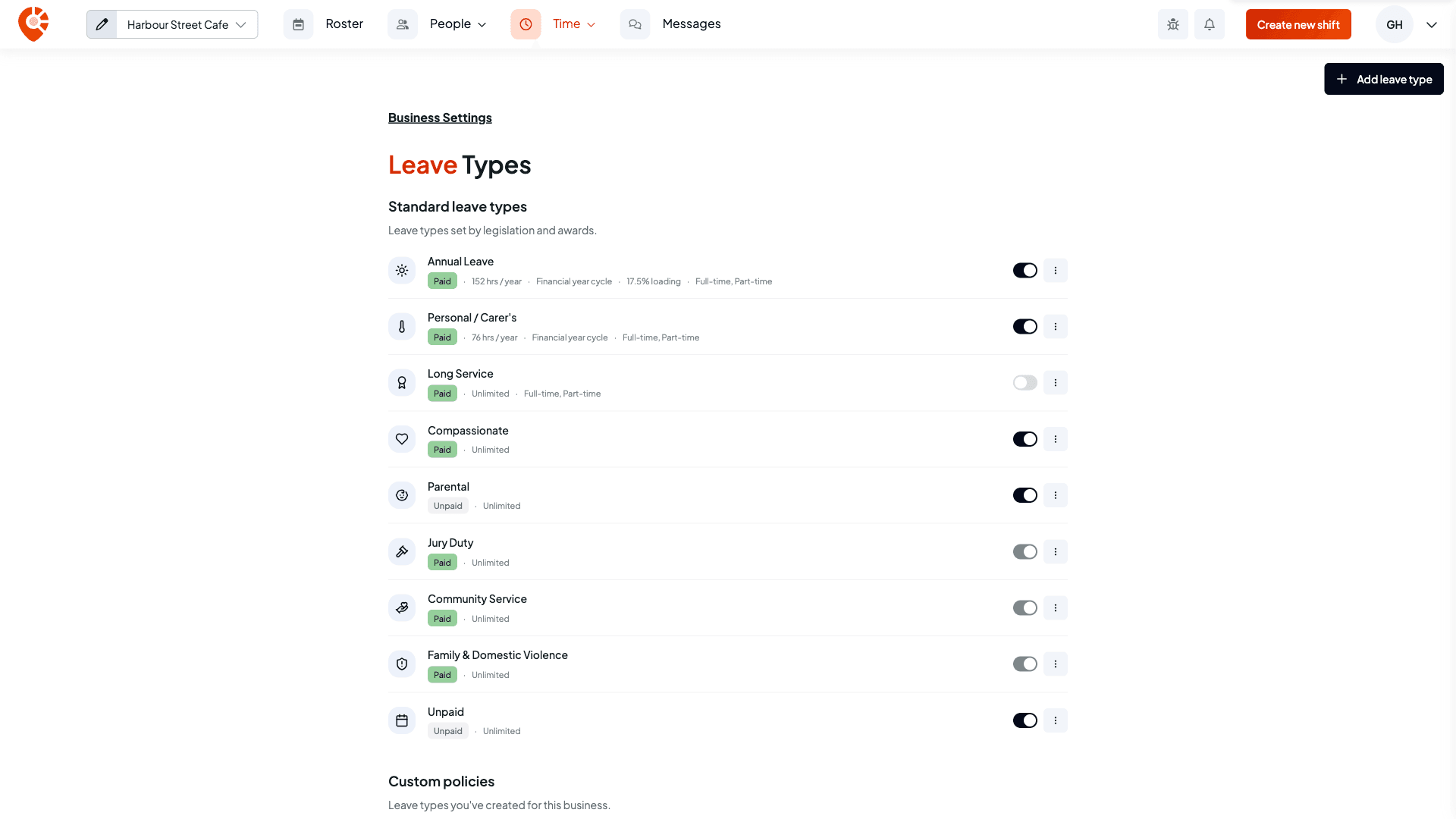 The Leave Types page listing the standard leave types, such as Annual Leave at 152 hrs a year on a financial year cycle with 17.5% loading, each with a switch and a menu, and Add leave type at the top right