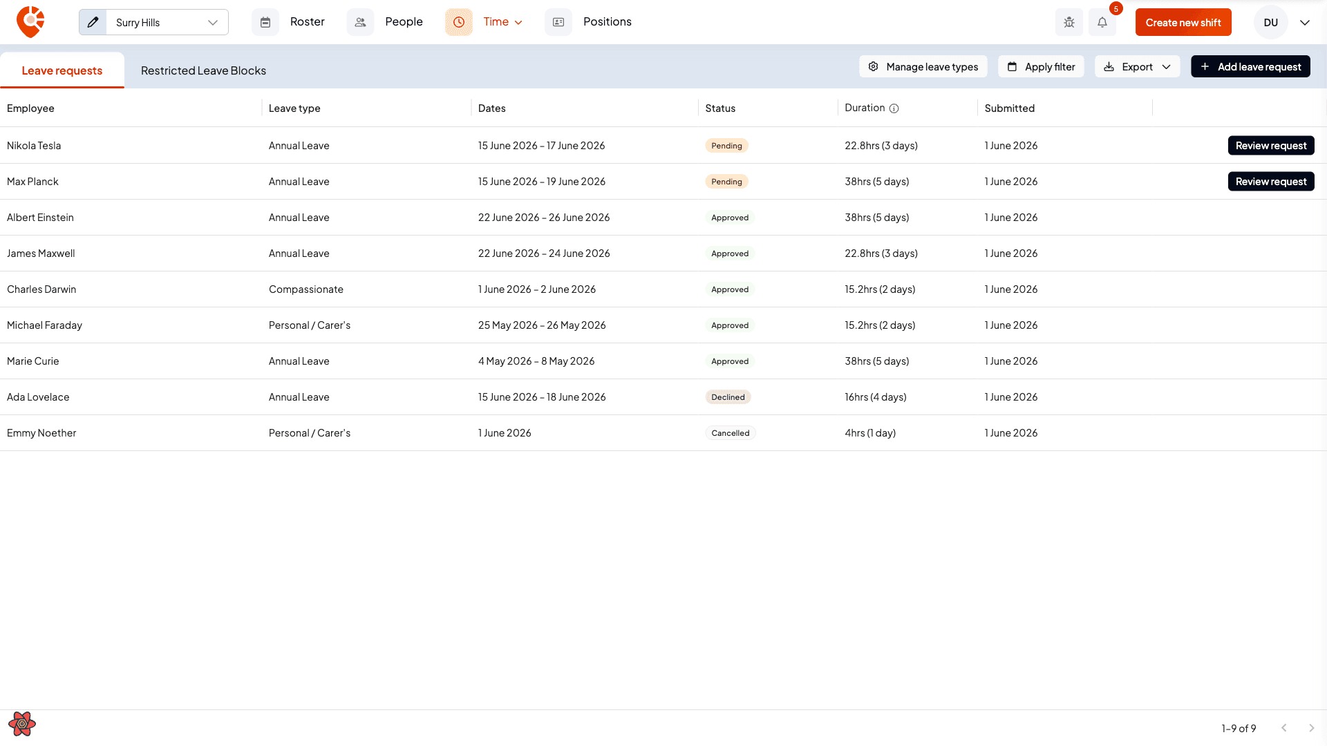 The leave requests list