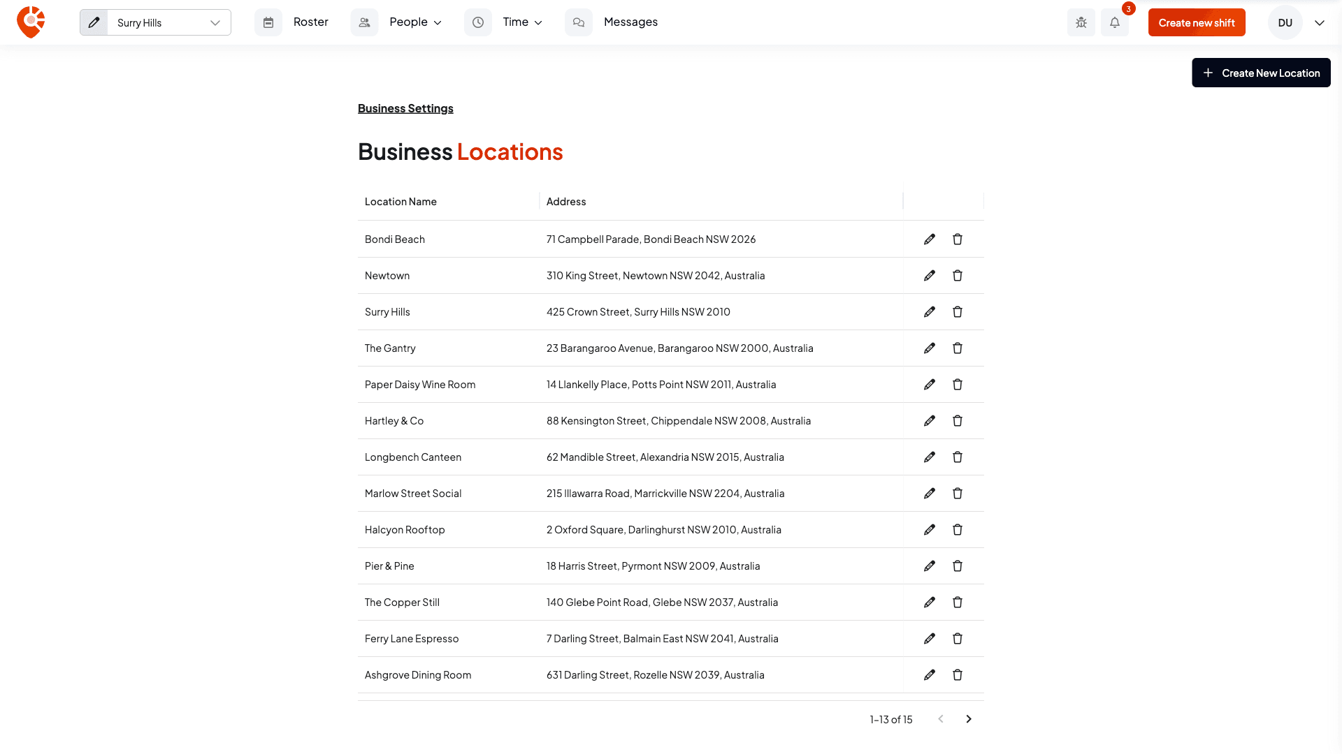 The Business Locations table listing Bondi Beach, Newtown, Surry Hills and other venues with their addresses
