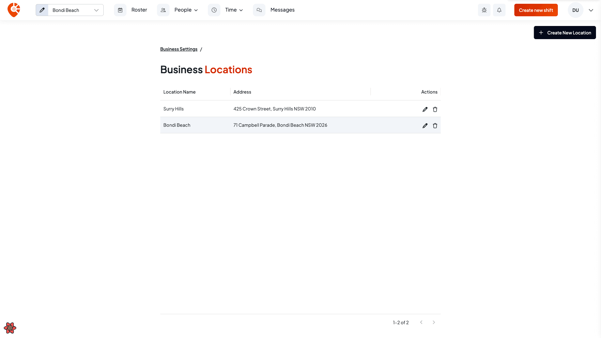 The Business locations table listing two locations