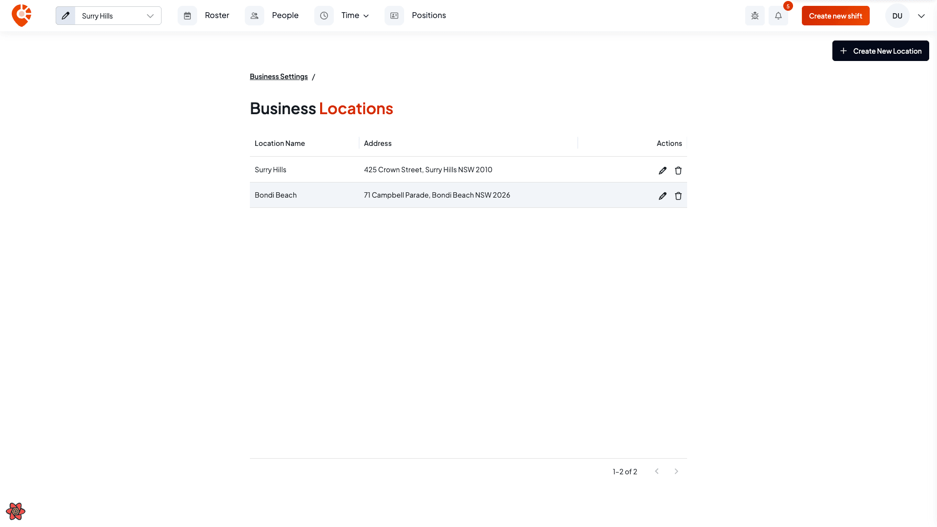 The Business locations table listing two locations