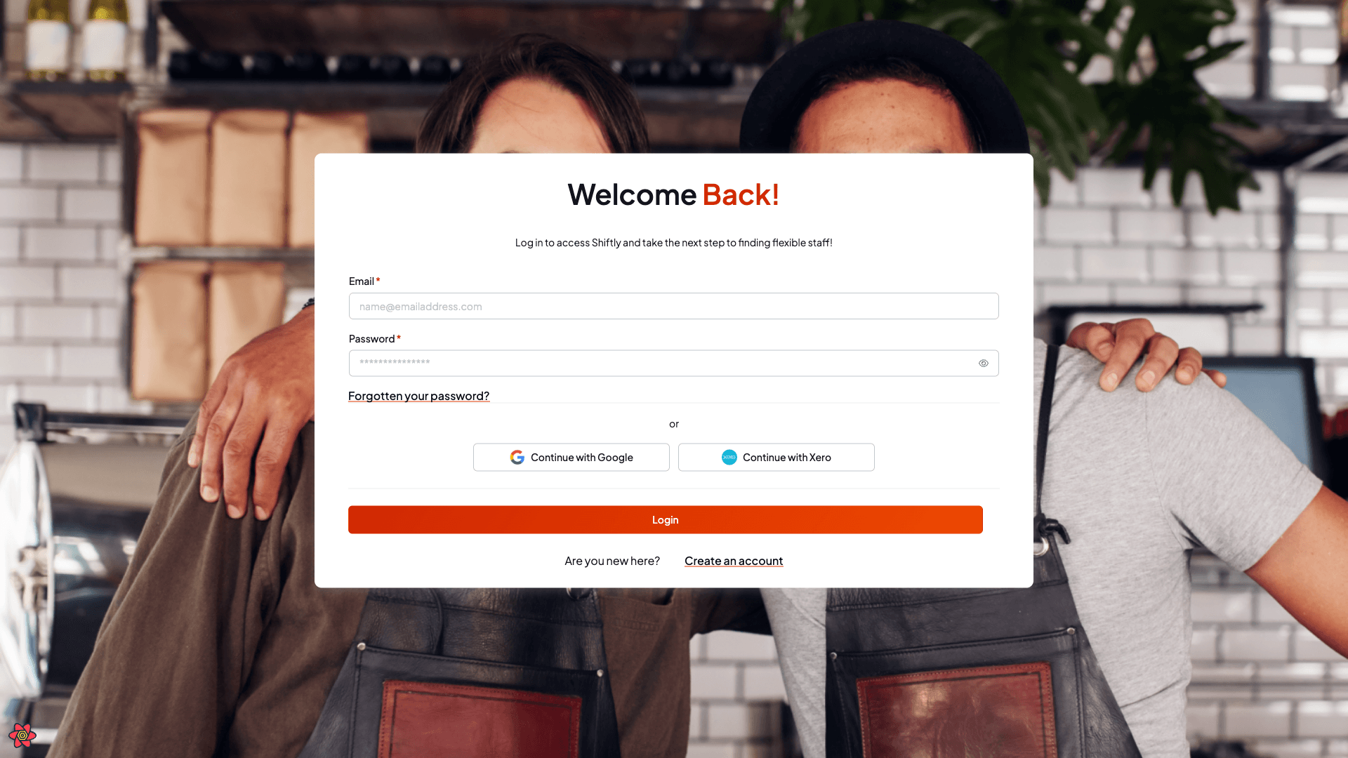 The Shiftly login page with email and password fields, a Forgotten your password link, Continue with Google and Xero options, and a Login button