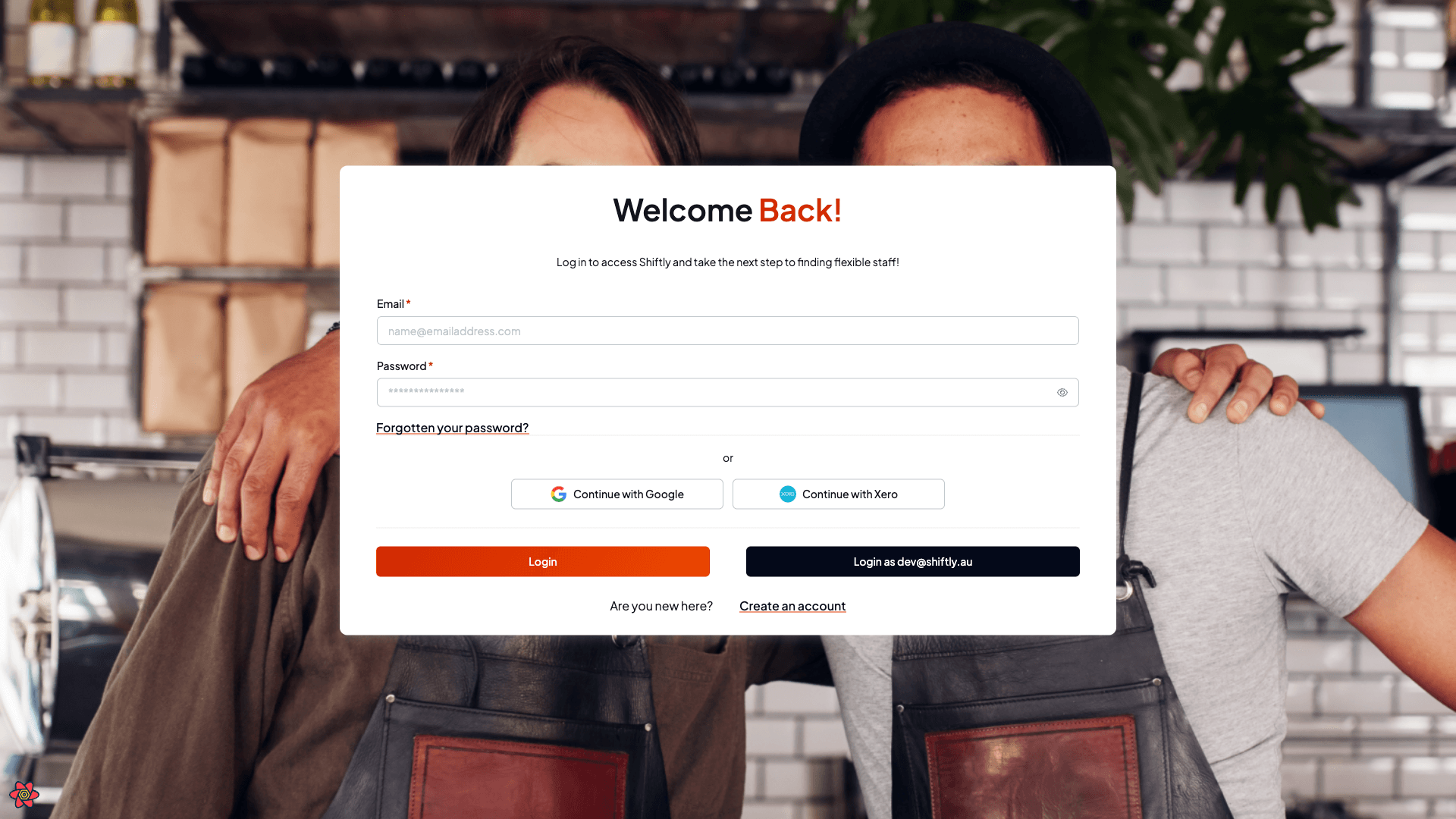 The Shiftly login page with email and password fields, a Forgotten your password link, Continue with Google and Xero options, and a Login button
