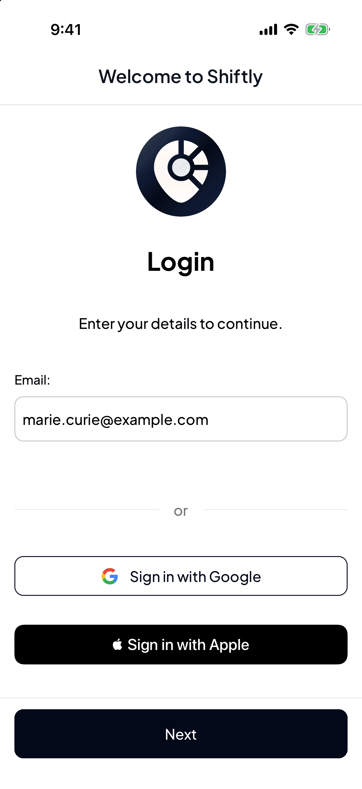 The Shiftly Me login screen with an email field filled in, Sign in with Google and Sign in with Apple buttons, and a Next button