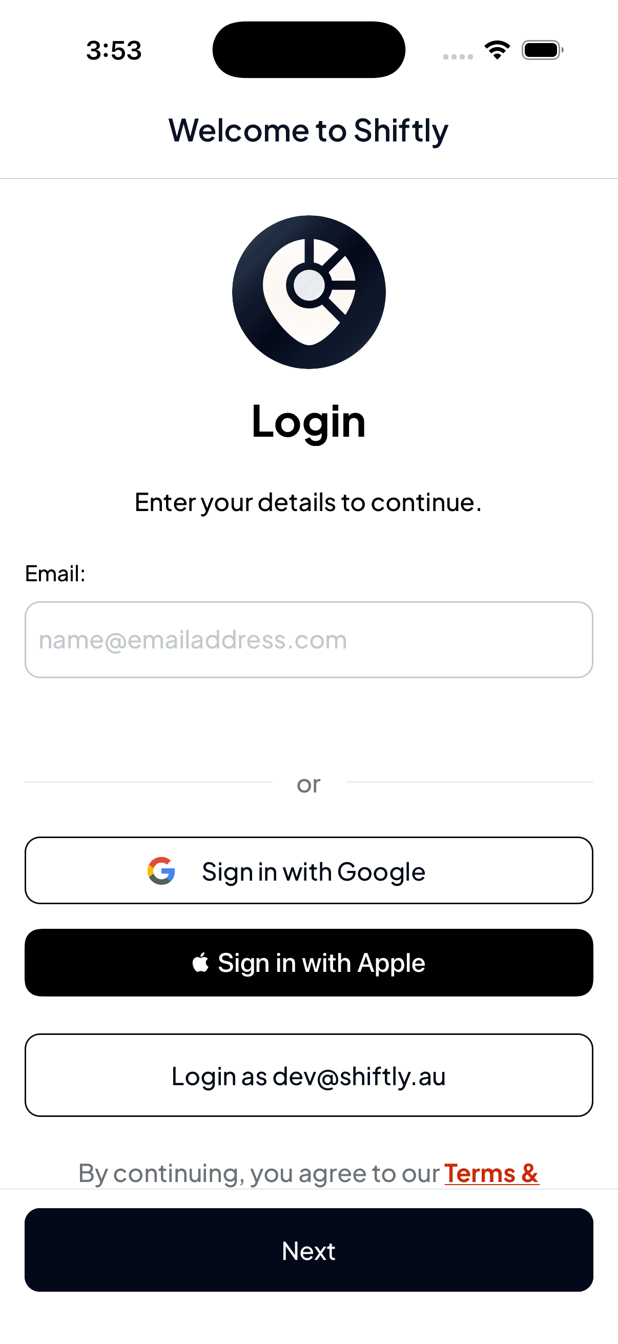 The Shiftly Me login screen with an email field, Sign in with Google and Sign in with Apple options, and a Next button