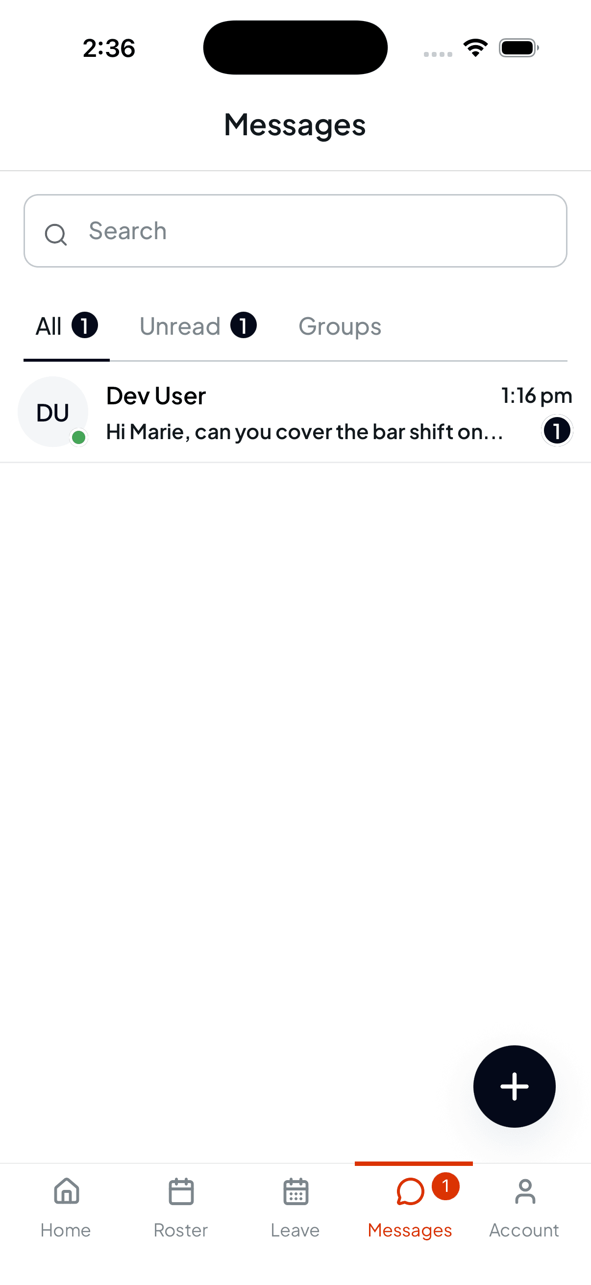 The Messages tab in Shiftly Me showing All, Unread and Groups filters and one unread conversation from Dev User