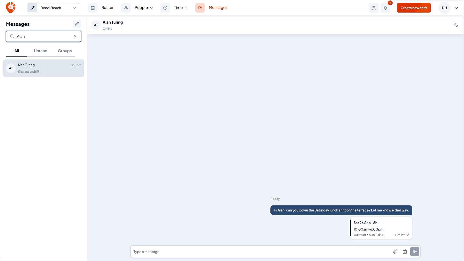 The Messages page with a search for Alan, the All, Unread and Groups tabs, Alan Turing's conversation in the list, and the open thread on the right