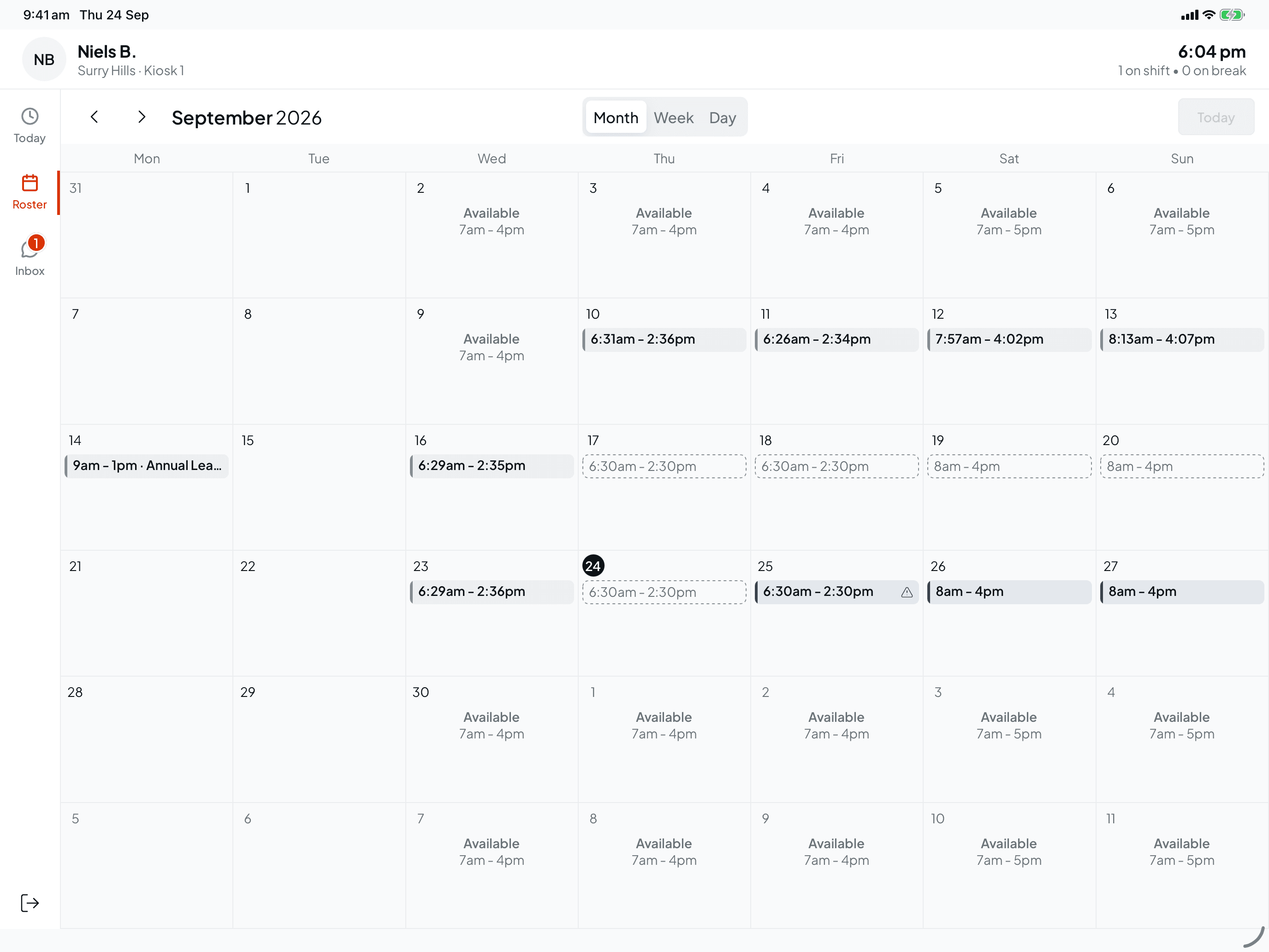The kiosk Roster tab for Niels B. showing September 2026, with worked shifts, dashed shifts that weren't worked, an Annual Leave entry on the 14th, a warning on Friday the 25th and Available hours on other days