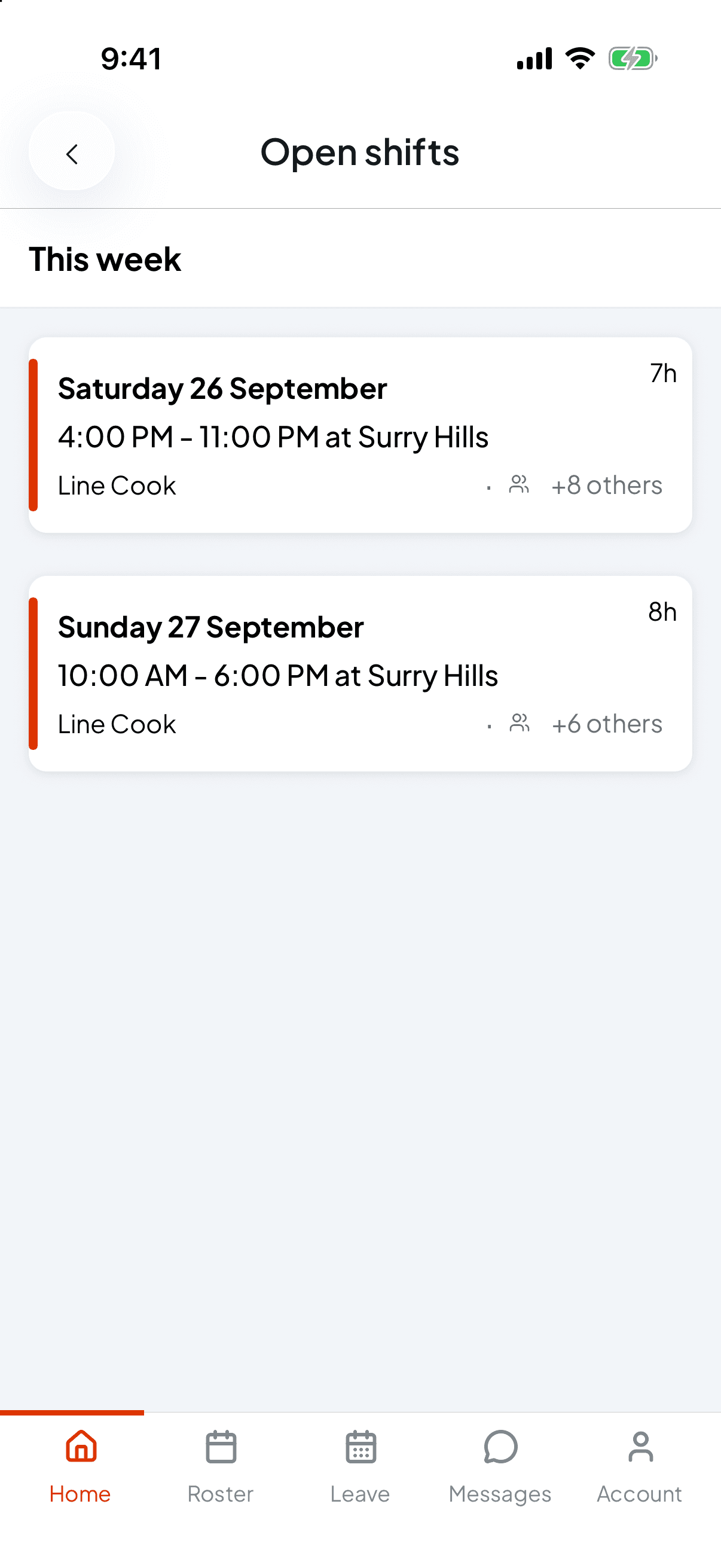 The Open shifts screen showing two Line Cook shifts at Surry Hills this week, on Saturday 26 September and Sunday 27 September