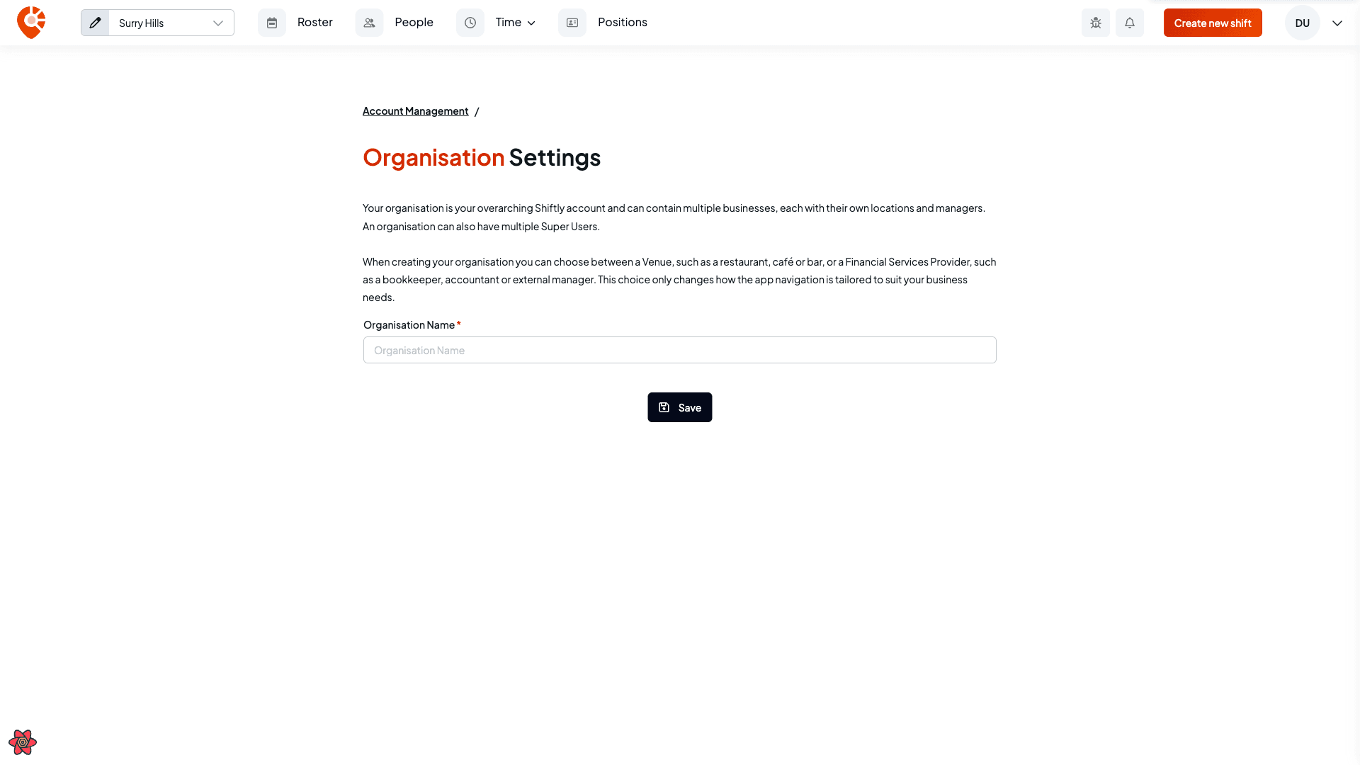 The Organisation settings page