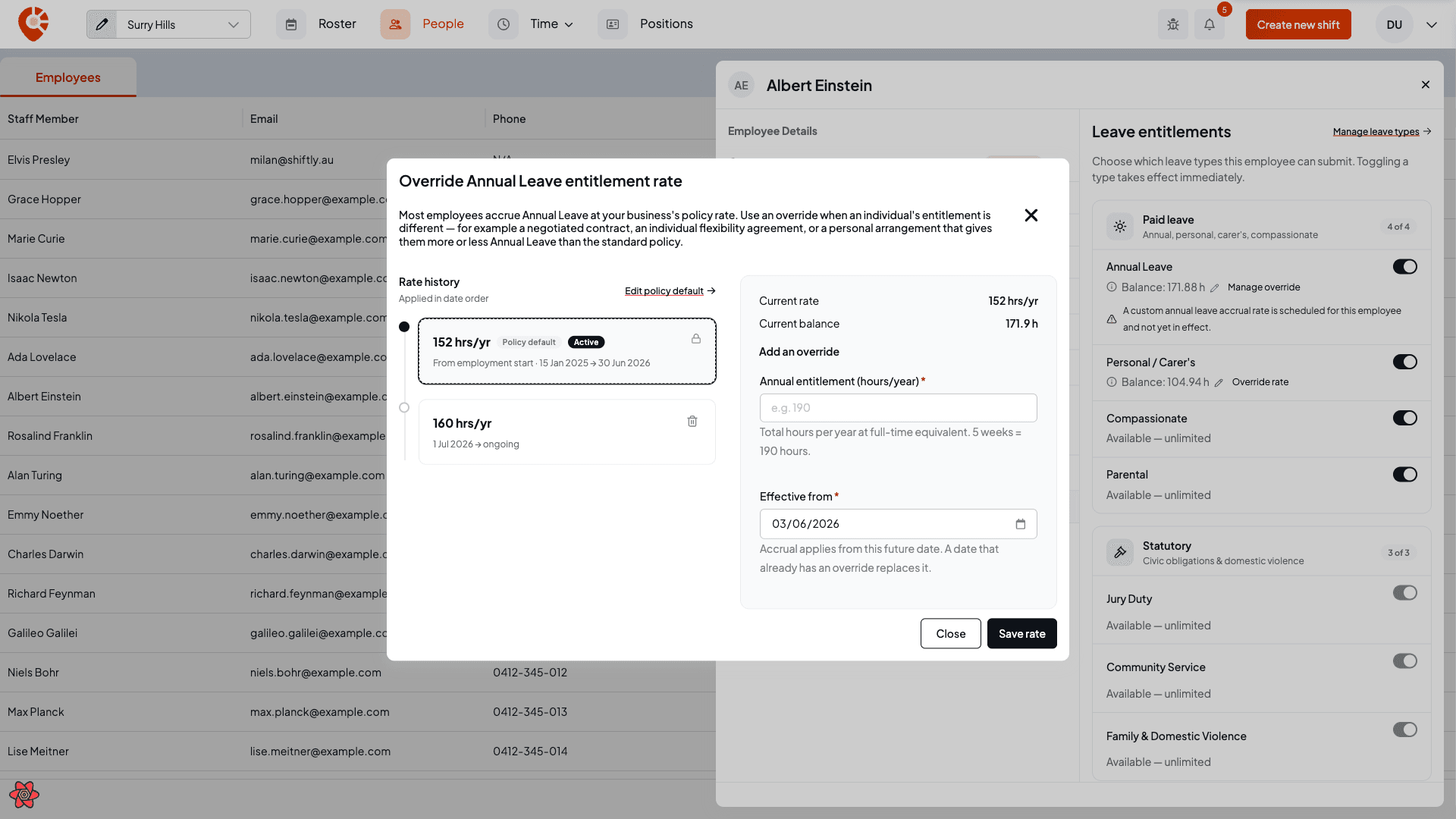 The entitlement-rate override dialog with rate history and the add-override form