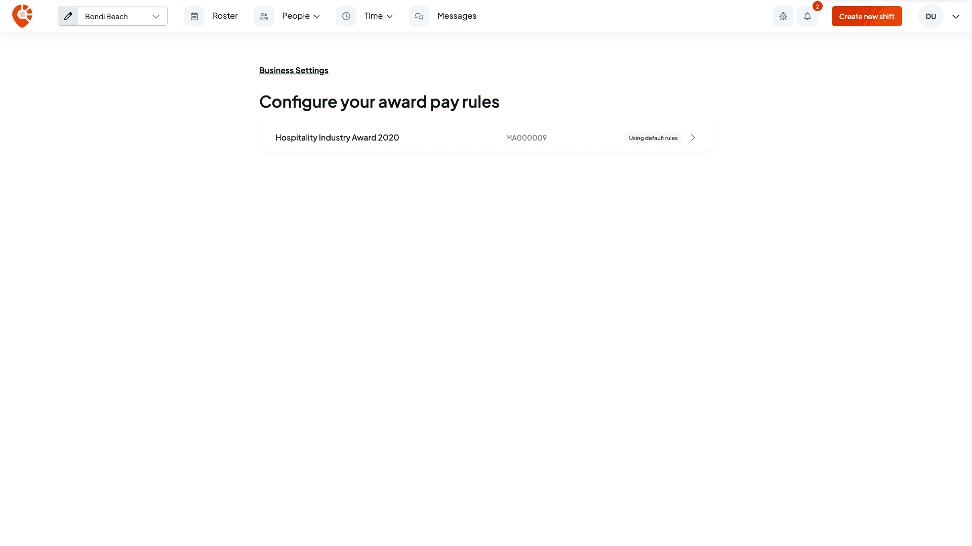 The Configure your award pay rules page listing the Hospitality Industry Award 2020, MA000009, tagged Using default rules
