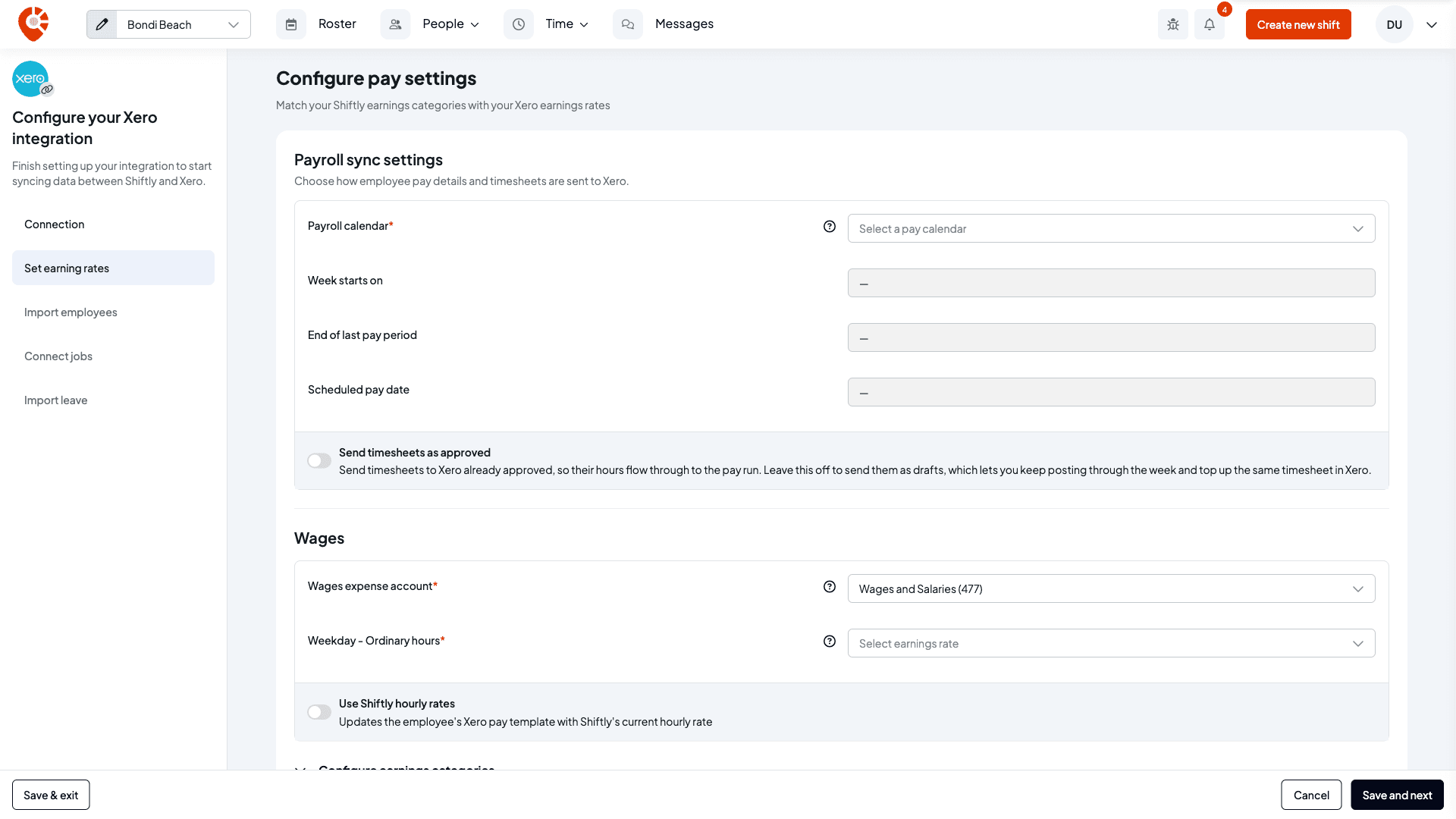 The Configure pay settings step of the Xero setup, with the setup steps down the side, the Payroll calendar and the dates read from Xero, the Send timesheets as approved switch, and the Wages section with the wages expense account and the Weekday - Ordinary hours rate