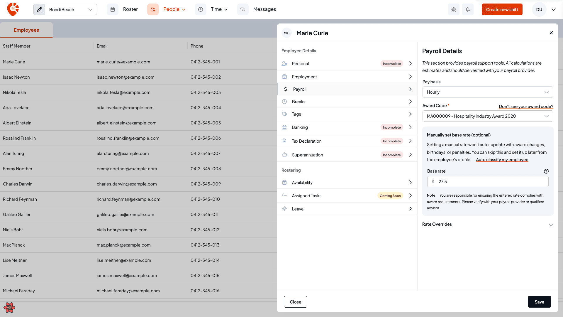 The Payroll tab showing the estimates note, award code and base rate